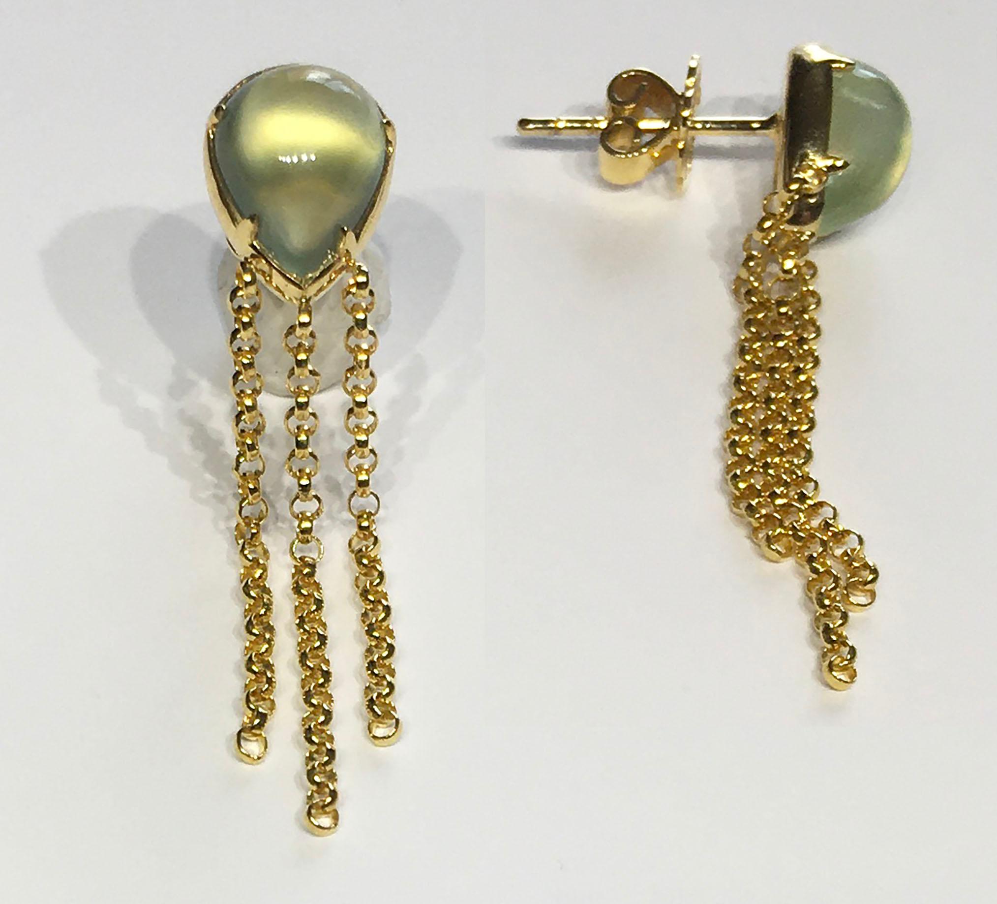 Classical Roman 18kt Gold Dangle Earrings set with Prehnite Cabochons. Stone weight is 2.5 Carats, 18kt Gold weight is 2 Grams. These stud dangle earrings each have 3 chain dangles that scintillate in low light. Eye catching and sensuous