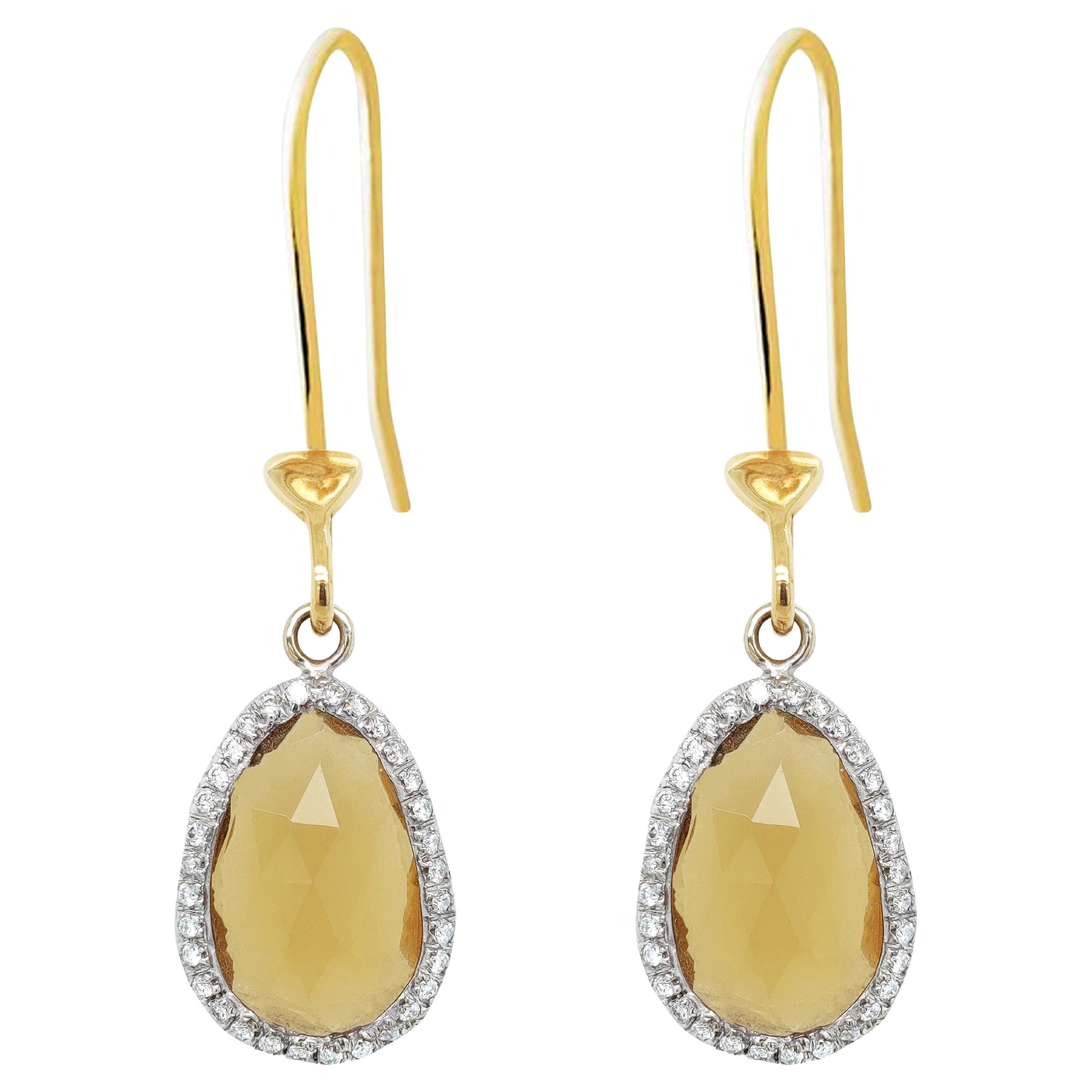 Boucles d'oreilles Dharma en or 18 carats avec quartz citrine jaune et diamants