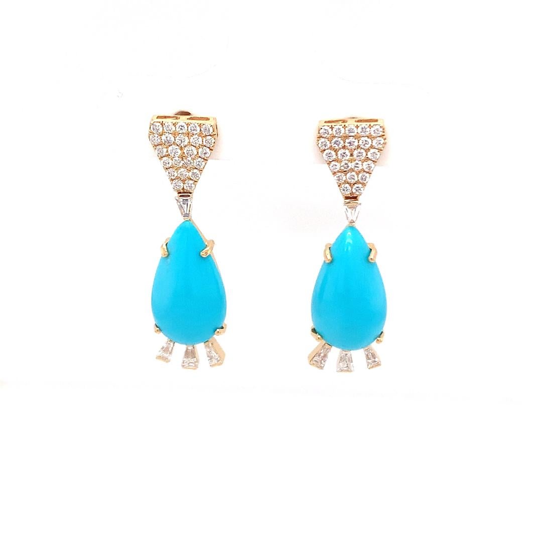 Mixed Cut 18Kt gold diamond and turquoise earrings For Sale