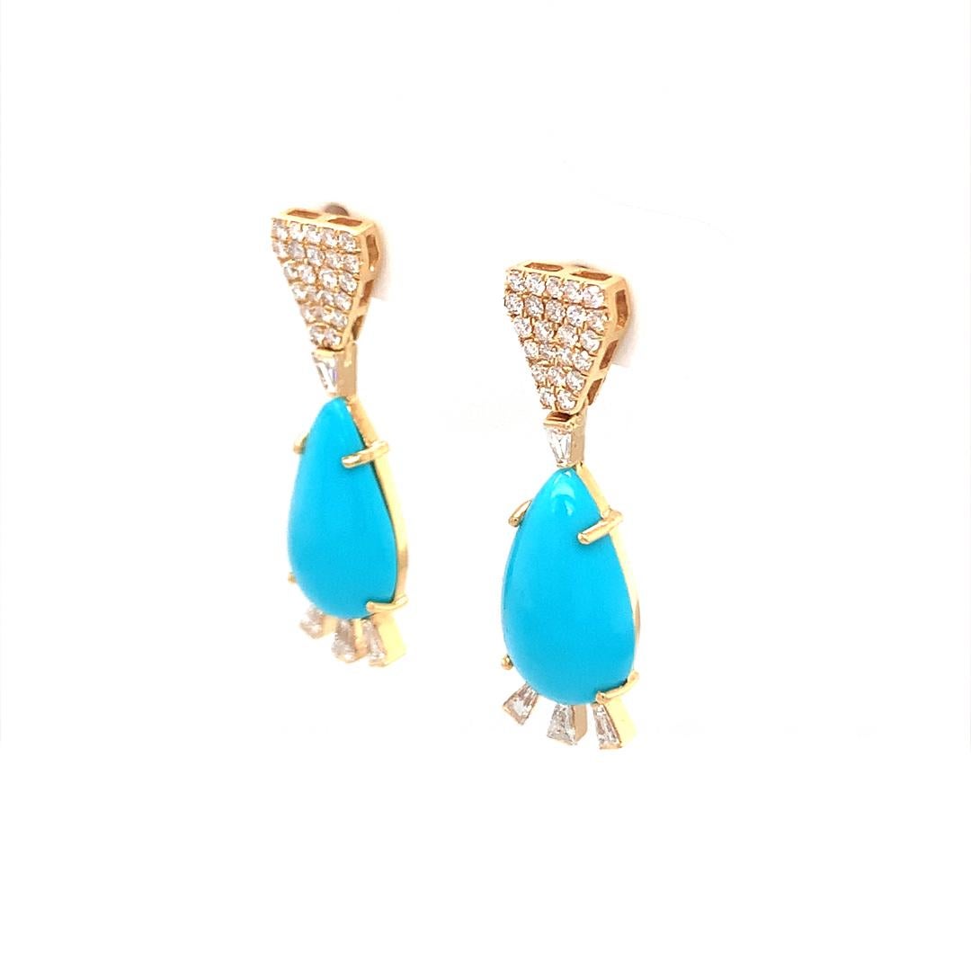 Women's 18Kt gold diamond and turquoise earrings For Sale