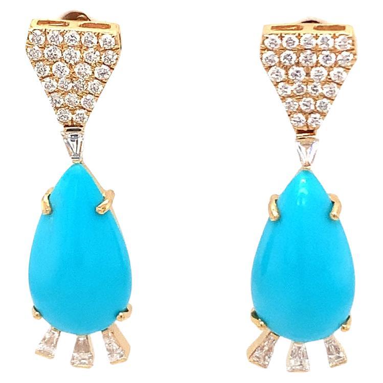 18Kt gold diamond and turquoise earrings For Sale
