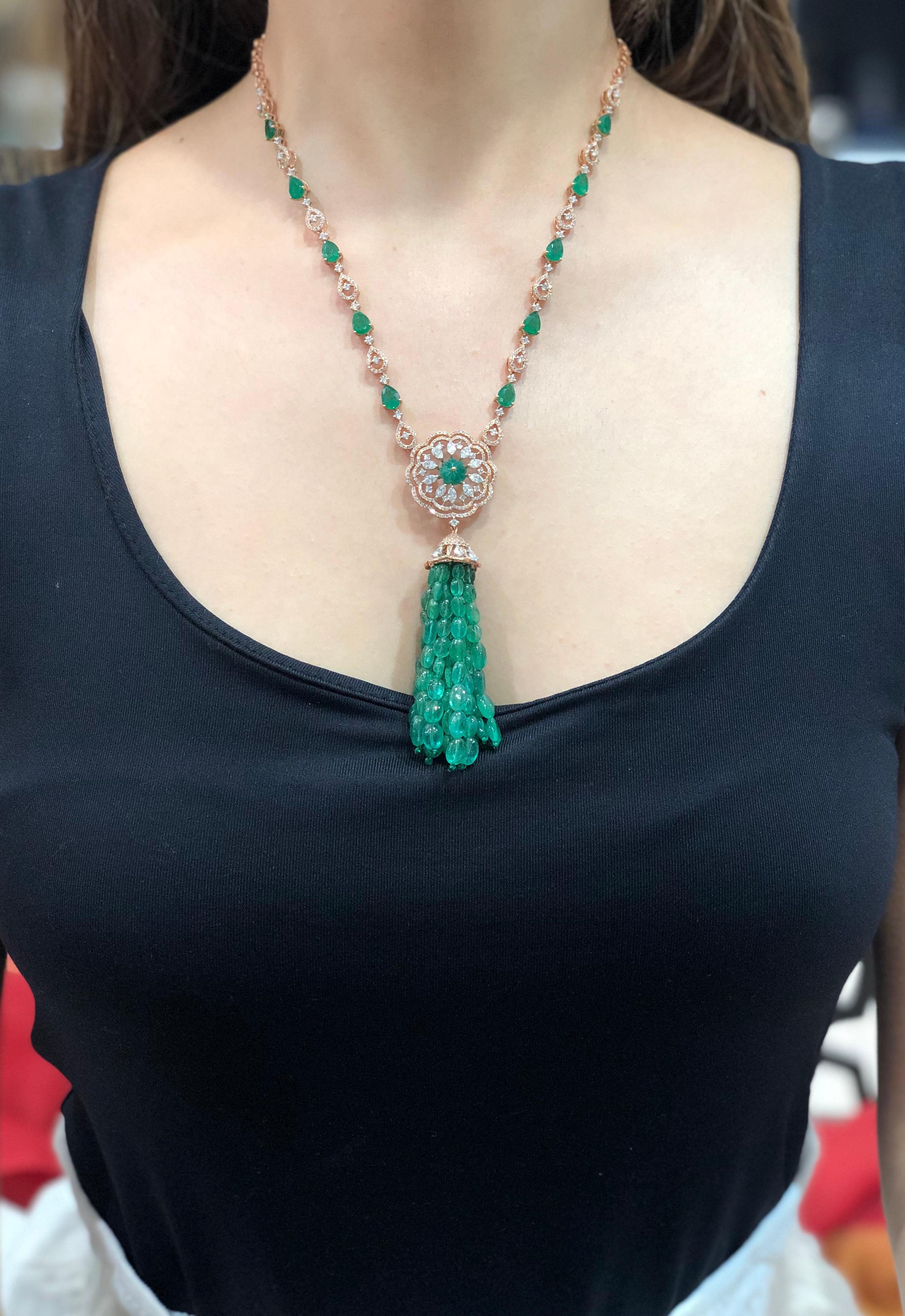 Contemporary 18 Karat Gold, Diamond and Zambian Emerald Beads Tassel