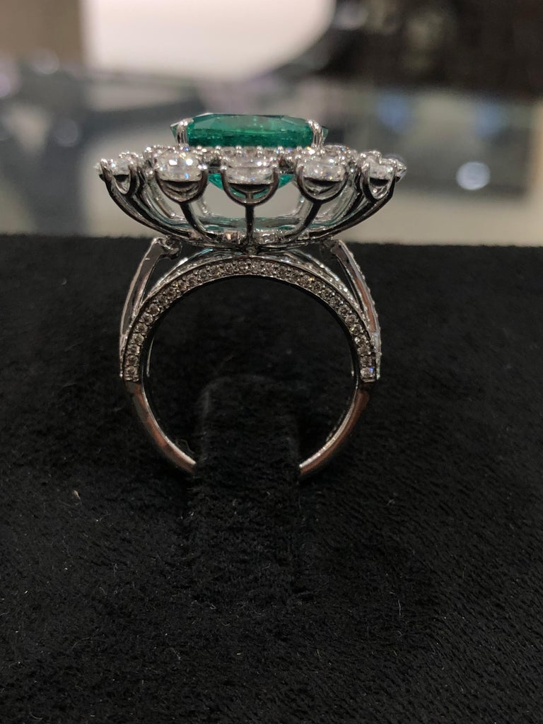 Cushion Cut  Emerald 18k Gold White Diamond Cocktail Ring For Sale