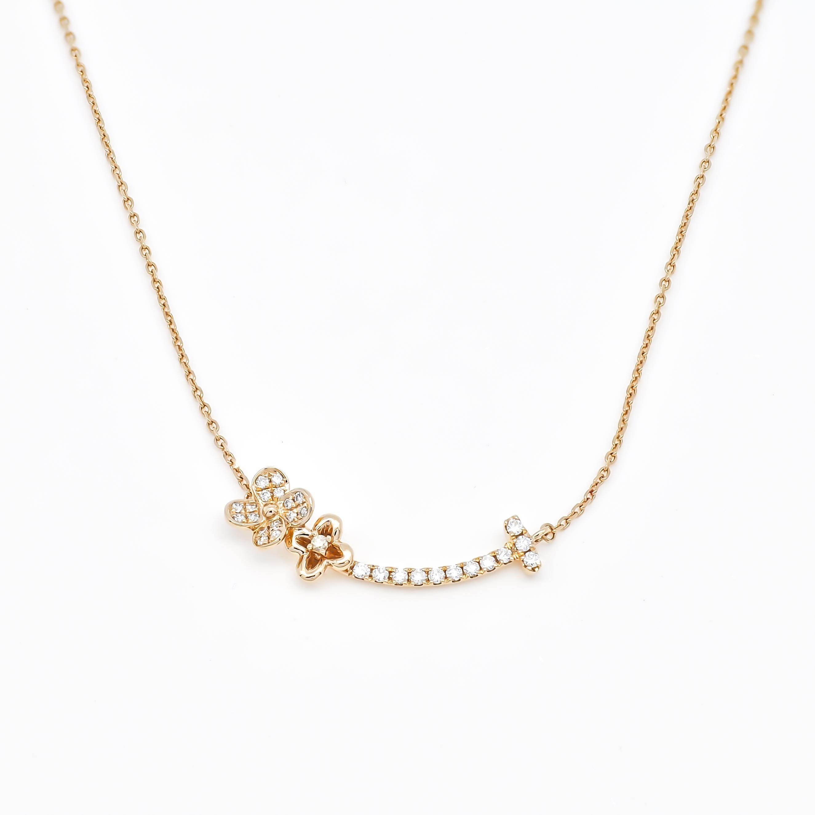 Artisan 18KT Gold Diamond Flower Cluster solitaire Flower Curved Bar Necklace N060155RG For Sale