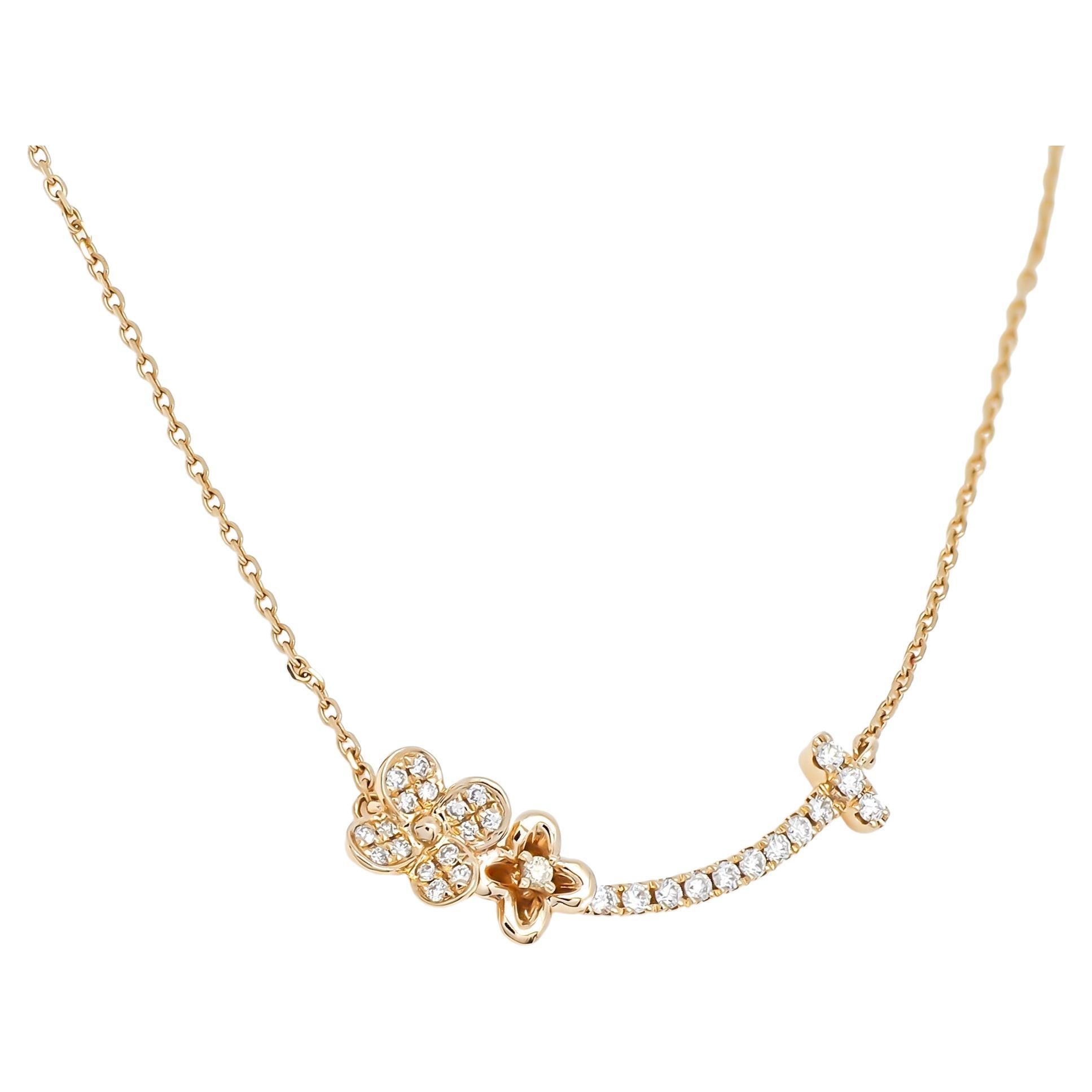 18KT Gold Diamond Flower Cluster solitaire Flower Curved Bar Necklace N060155RG For Sale