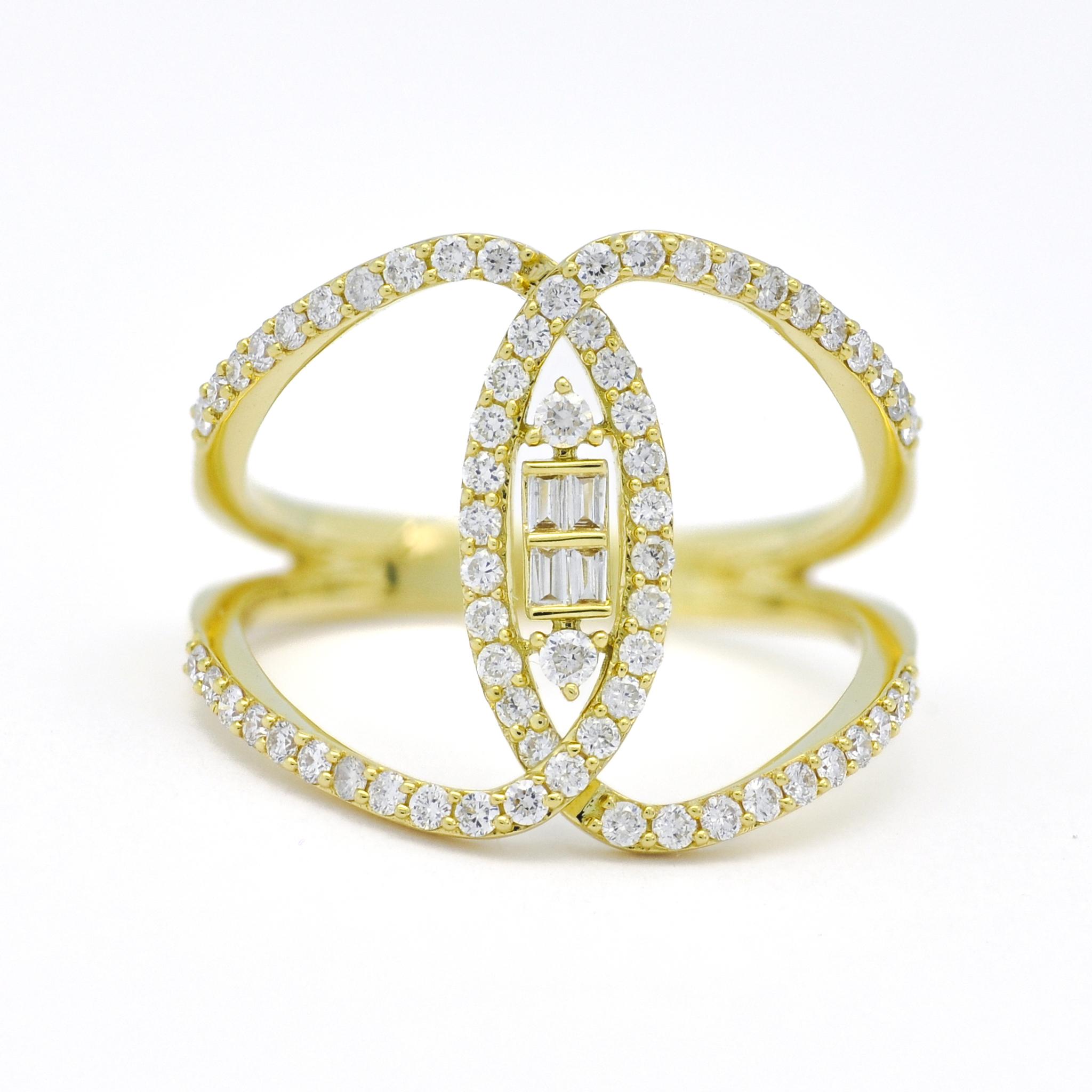 Baguette Cut Natural Diamonds Ring 0.59 CT 18 Karat Gold Diamond Modern Cocktail Ring For Sale