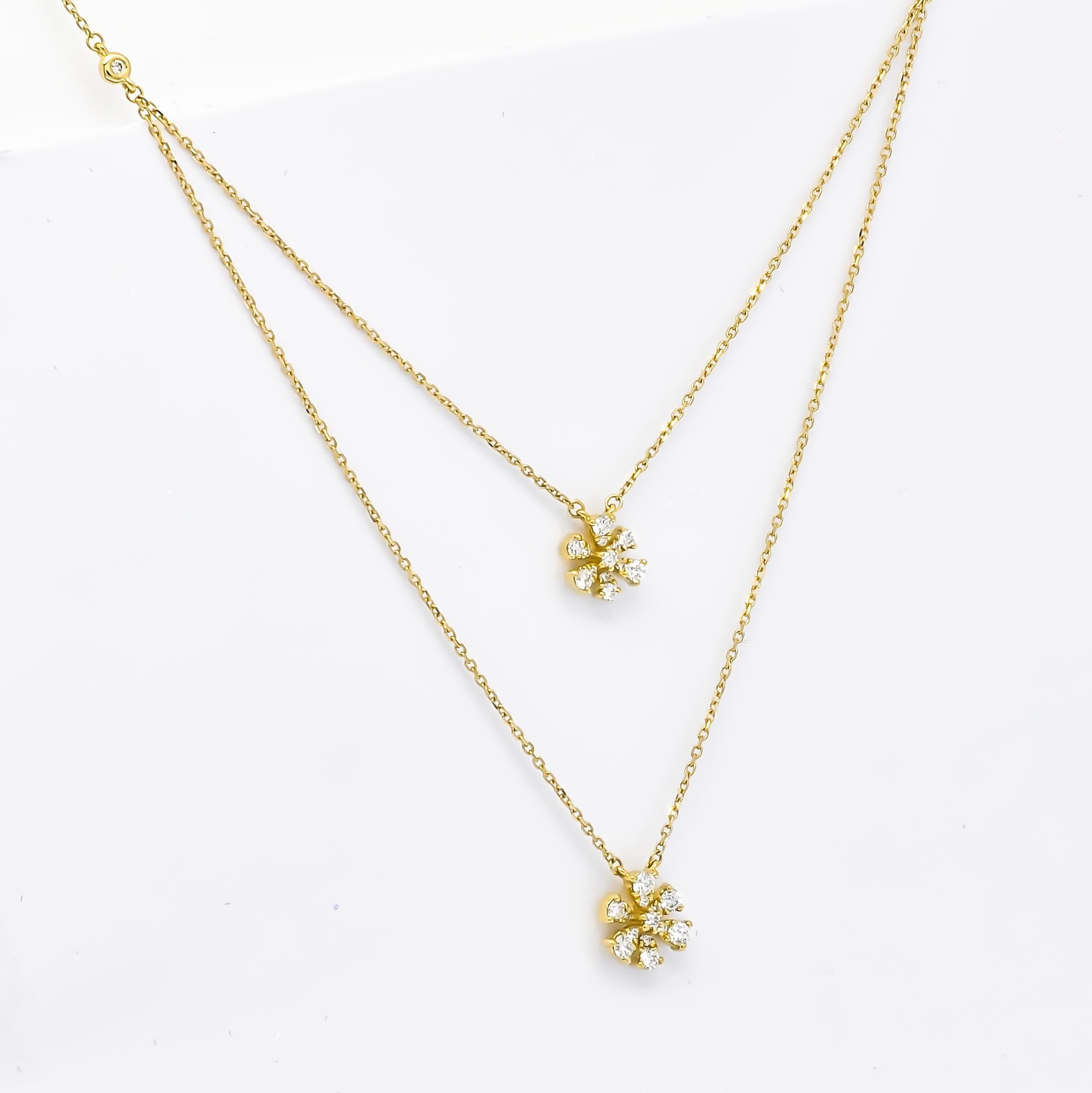Artisan 18KT Gold Diamonds Double Flower Double Layer Chain Pendant Necklace N078016 For Sale
