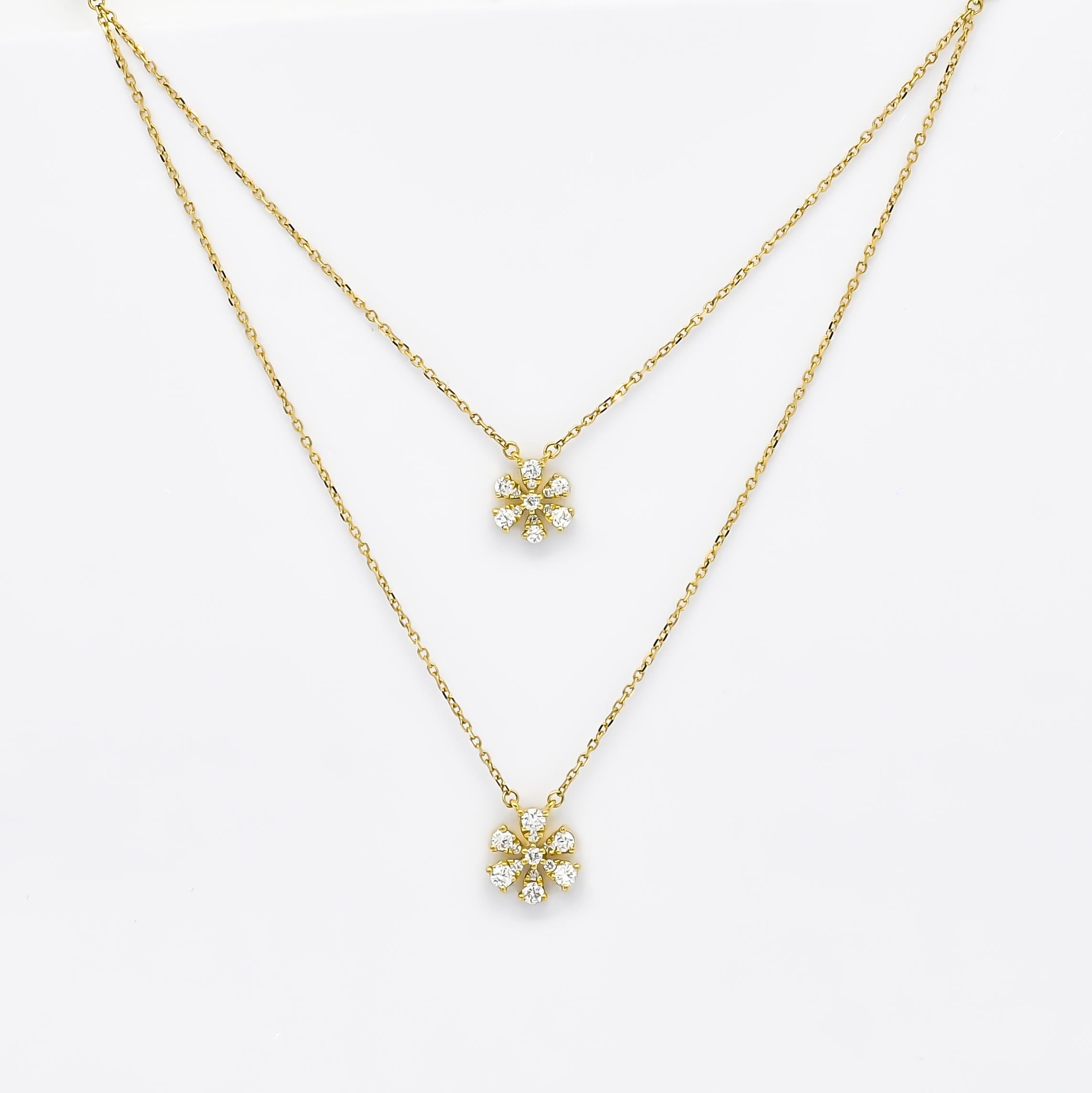 Brilliant Cut 18KT Gold Diamonds Double Flower Double Layer Chain Pendant Necklace N078016 For Sale