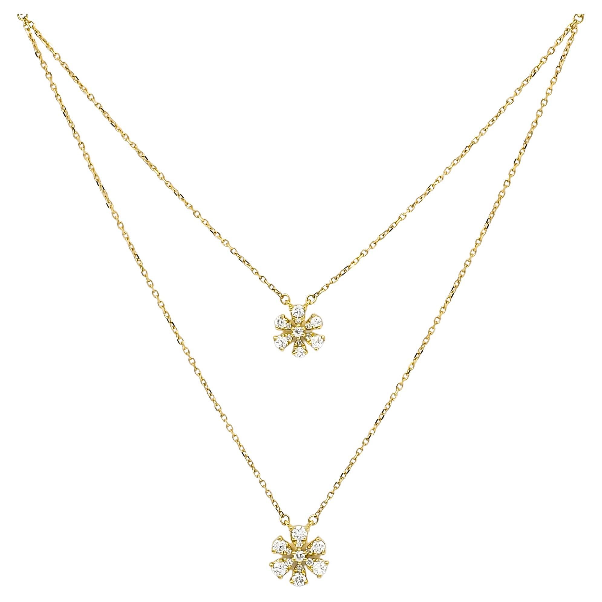 18KT Gold Diamonds Double Flower Double Layer Chain Pendant Necklace N078016