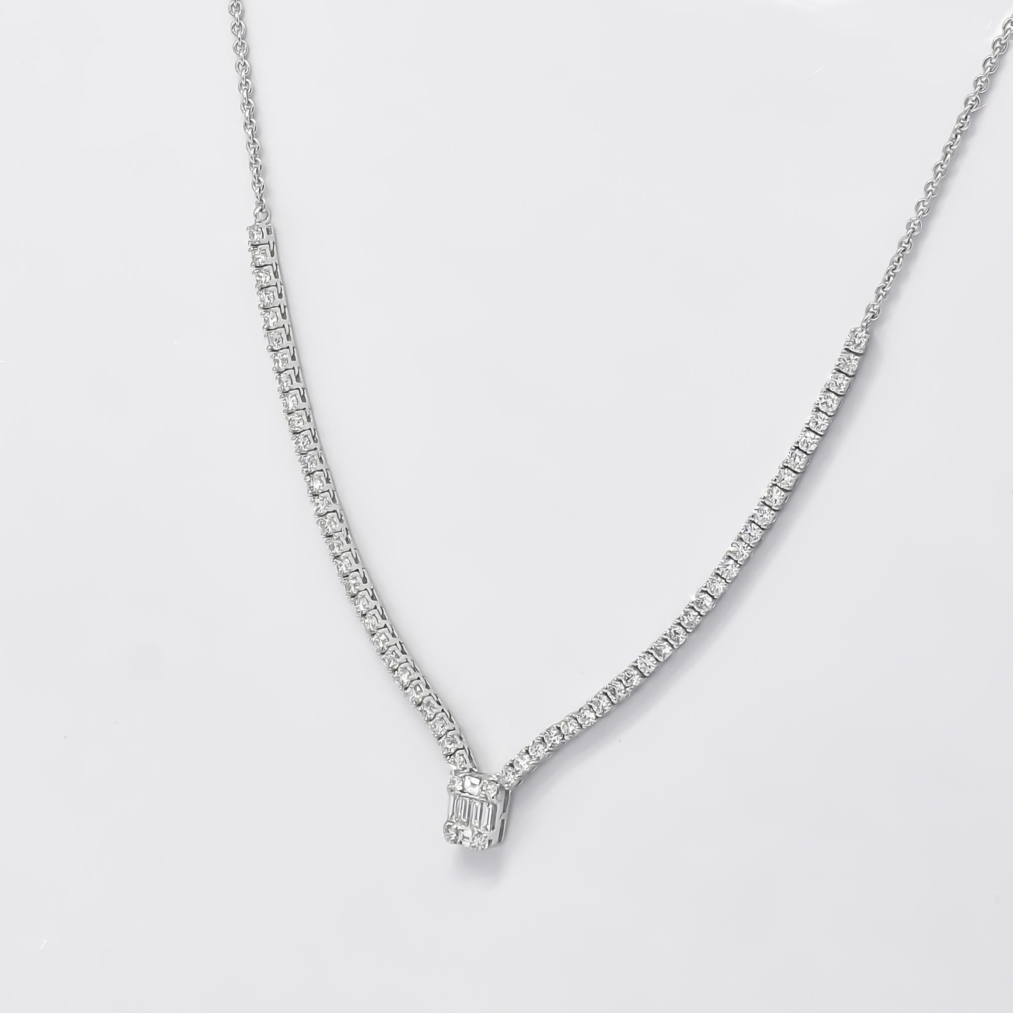 This Natural Diamonds Necklace is a true masterpiece that embodies modern elegance and sophistication. Crafted in 18 karat white gold, this single-row necklace is a testament to the beauty and allure of diamonds, featuring an impressive 1.64 carats