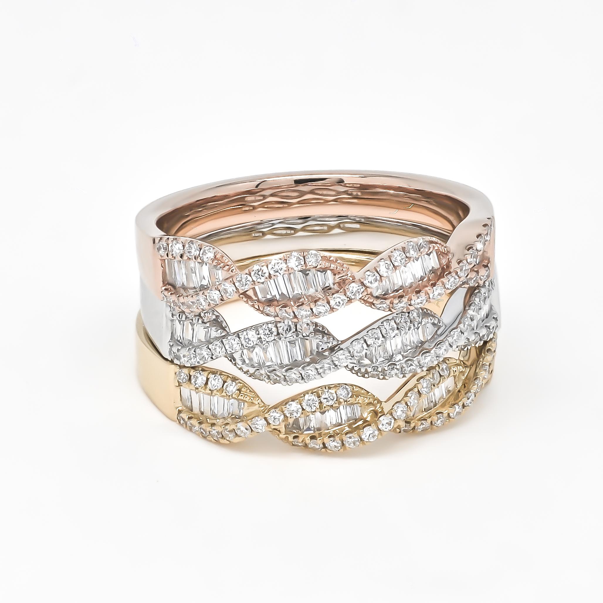 Art Nouveau 18KT Gold DNA Helix Baguette Round Criss Cross Pavé Diamond Modern Band Ring For Sale