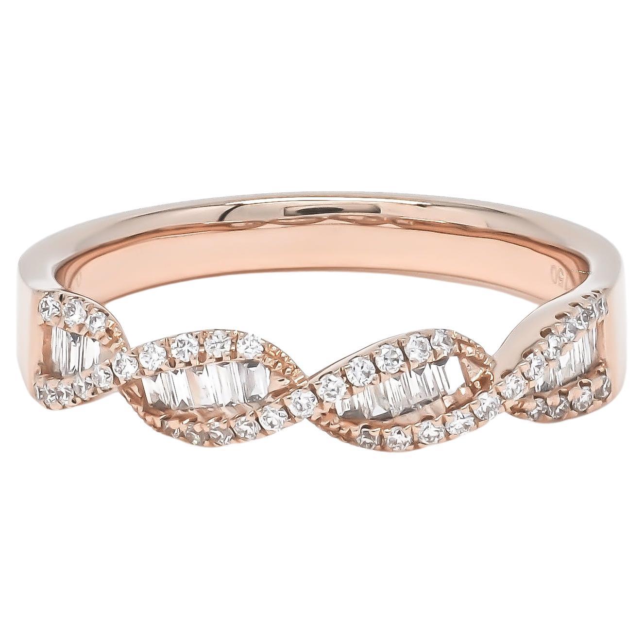 Bague à anneau moderne en or 18 carats DNA Helix Baguette Rond Criss Cross Pav Diamond