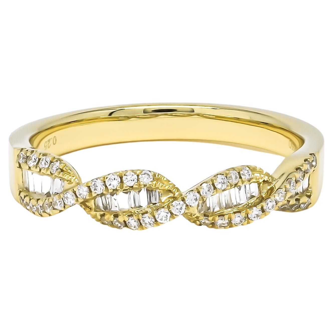 18KT Gold DNA Helix Baguette Round Criss Cross Row Pavé Diamond Modern Band Ring For Sale