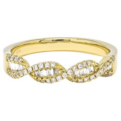 18KT Gold DNA Helix Baguette Round Criss Cross Row Pavé Diamond Modern Band Ring