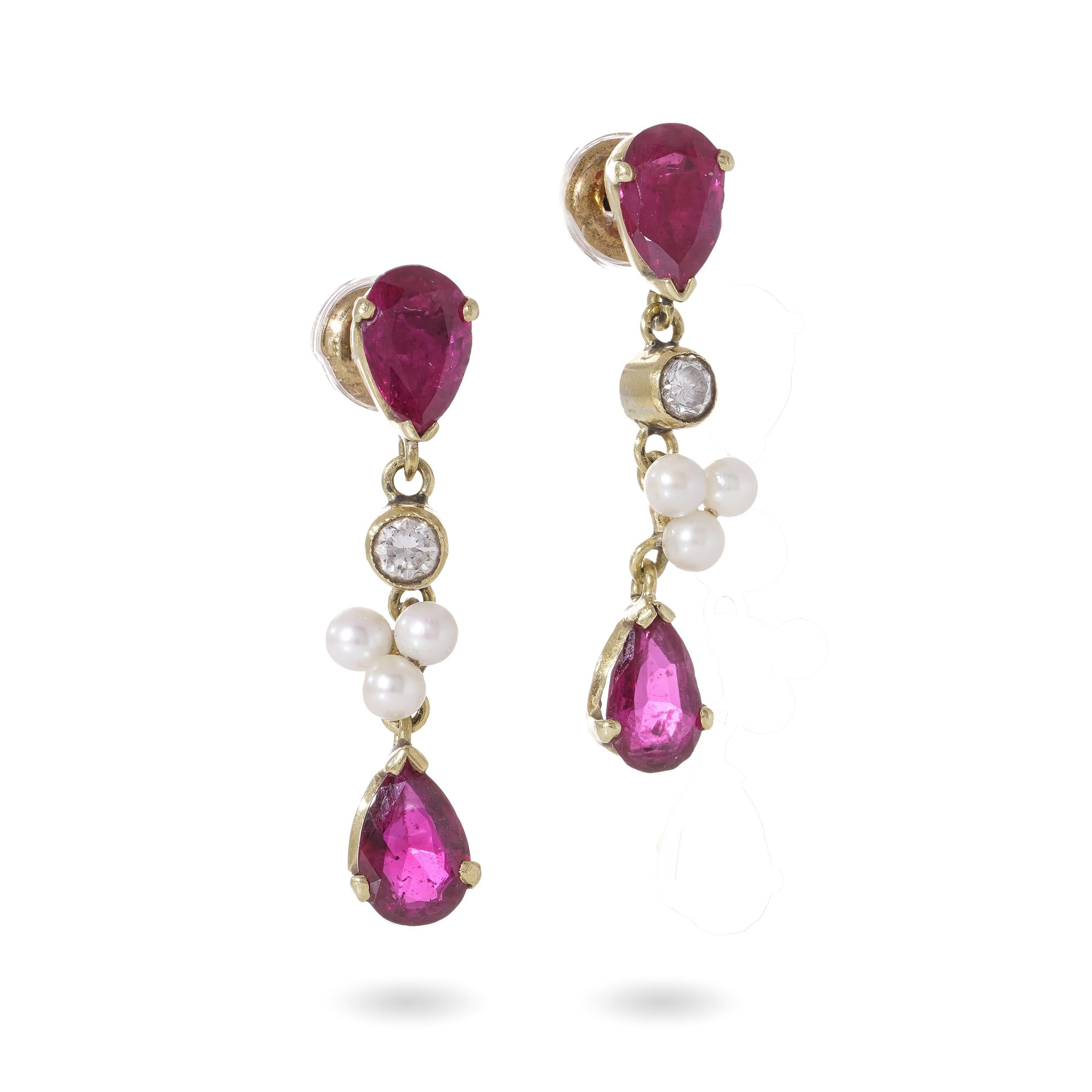 Vintage 18kt. yellow gold pair of drop earrings set with natural Burma rubies, diamonds and pearls.
 X-ray Tested positive for 18kt. gold. 

Dimensions:
Size: 2.2 x 0.4 cm
Weight: 3.00 grams

Burma Rubies  -
Quantity of stones:4 
Cut: Pear  
Approx.