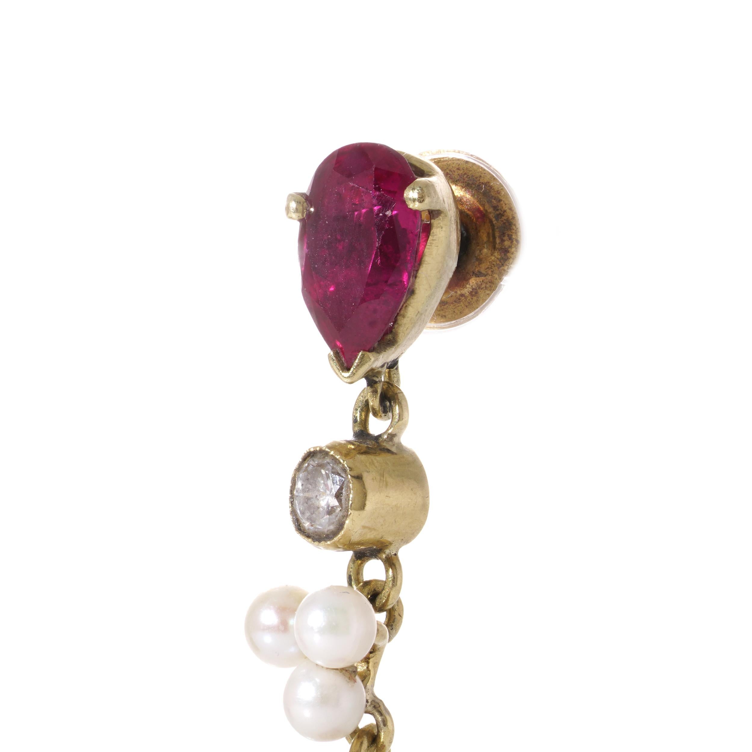 Brilliant Cut 18kt. gold drop earrings set with natural Burma rubies, pearls and diamonds For Sale