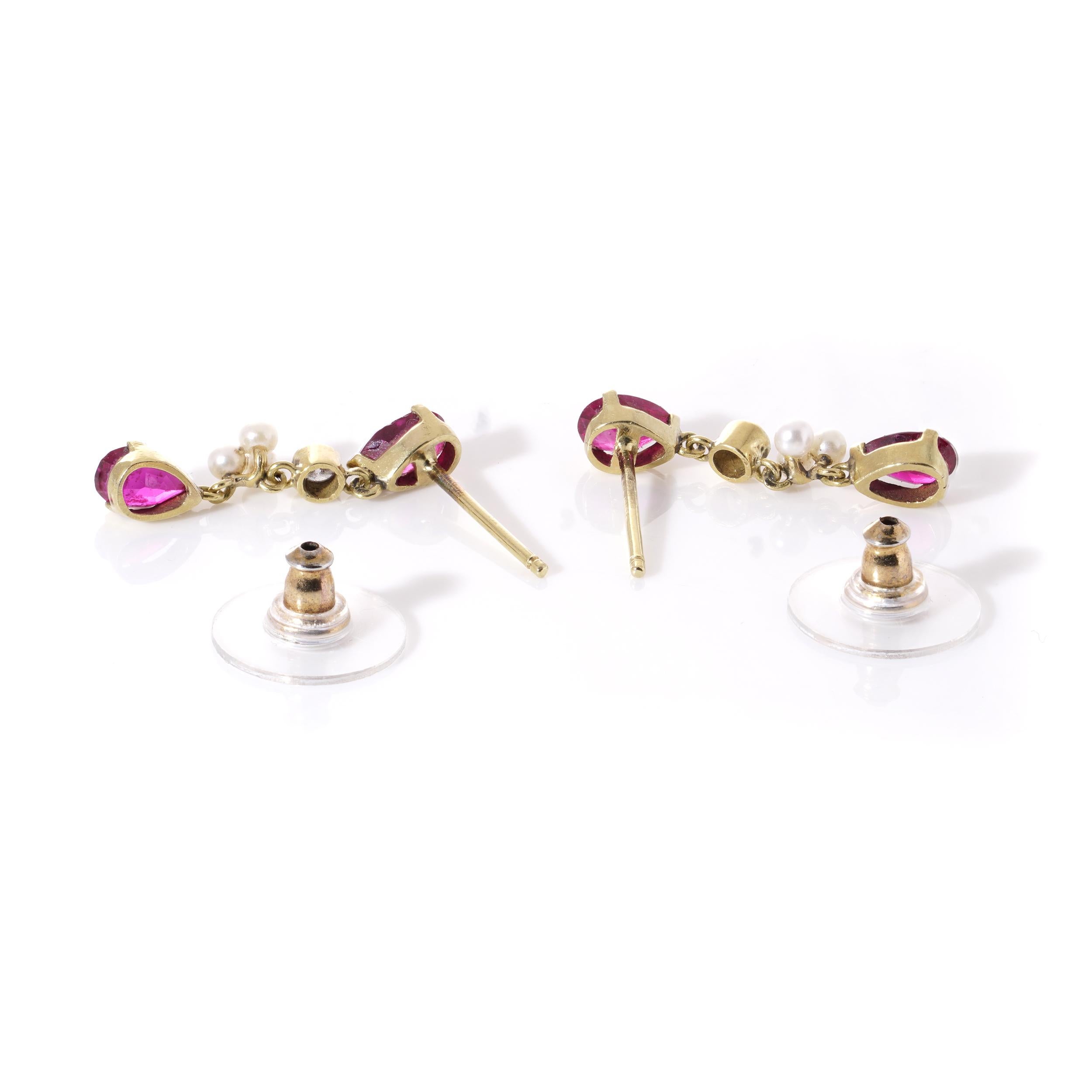 Women's or Men's 18kt. gold drop earrings set with natural Burma rubies, pearls and diamonds For Sale