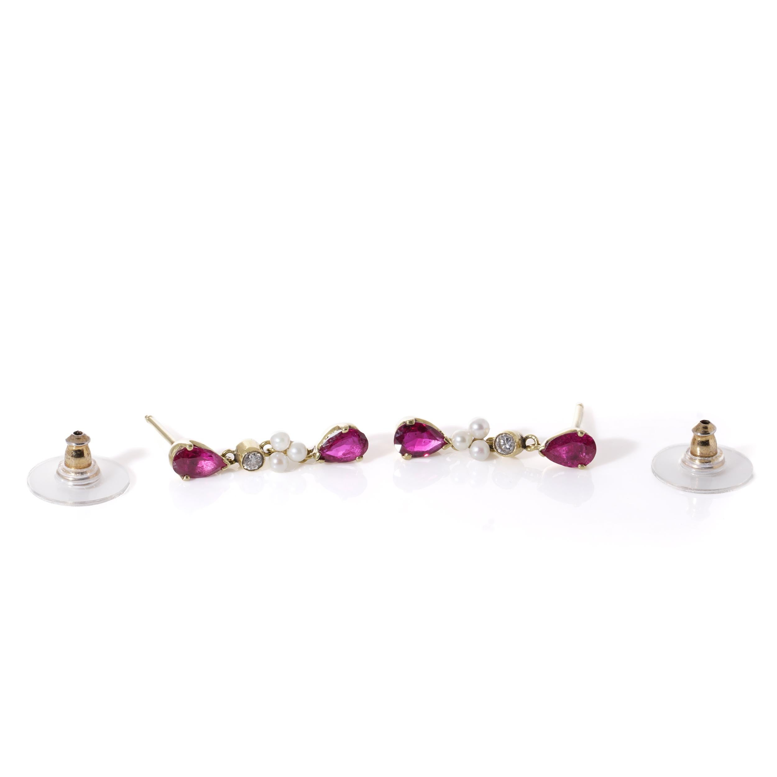 18kt. gold drop earrings set with natural Burma rubies, pearls and diamonds For Sale 1