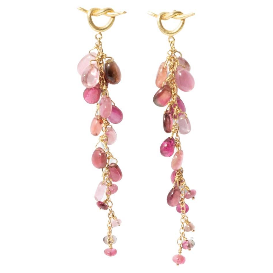18 Karat Gold Drop "Knot" Earrings with Pink Tourmaline Beads For Sale