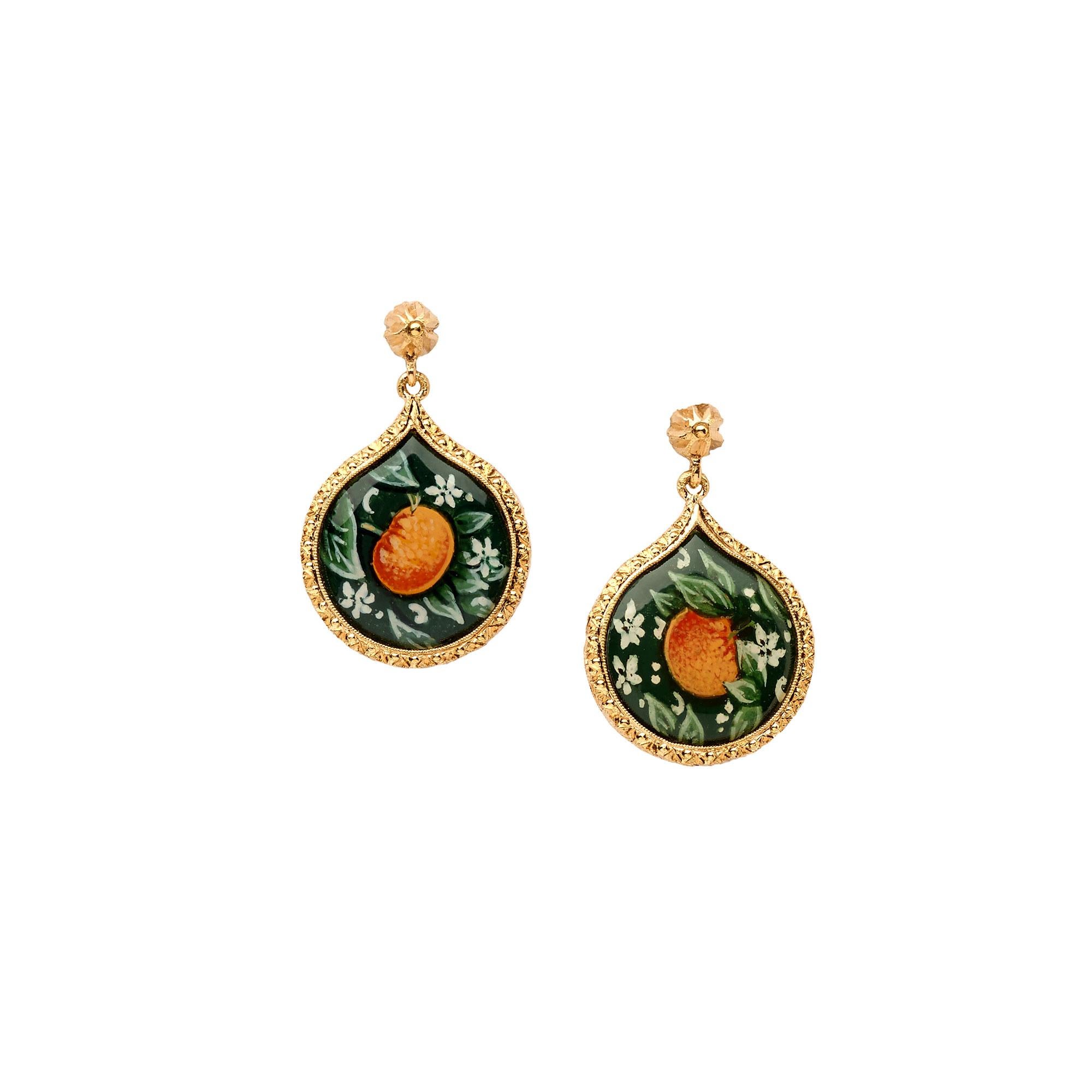 18kt gold drop-shaped earrings engraved painted in miniature and enamelled by us In New Condition For Sale In Firenze, FI