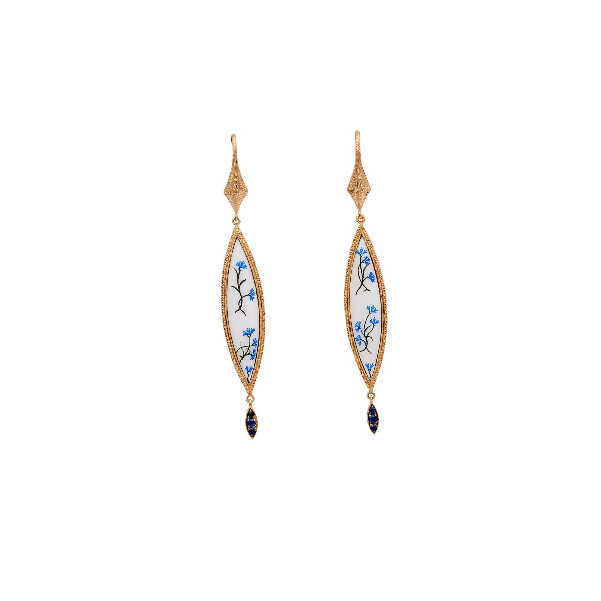 Contemporary 18kt gold earrings, Diamonds, engraved painted in miniature & enamelled by hands For Sale