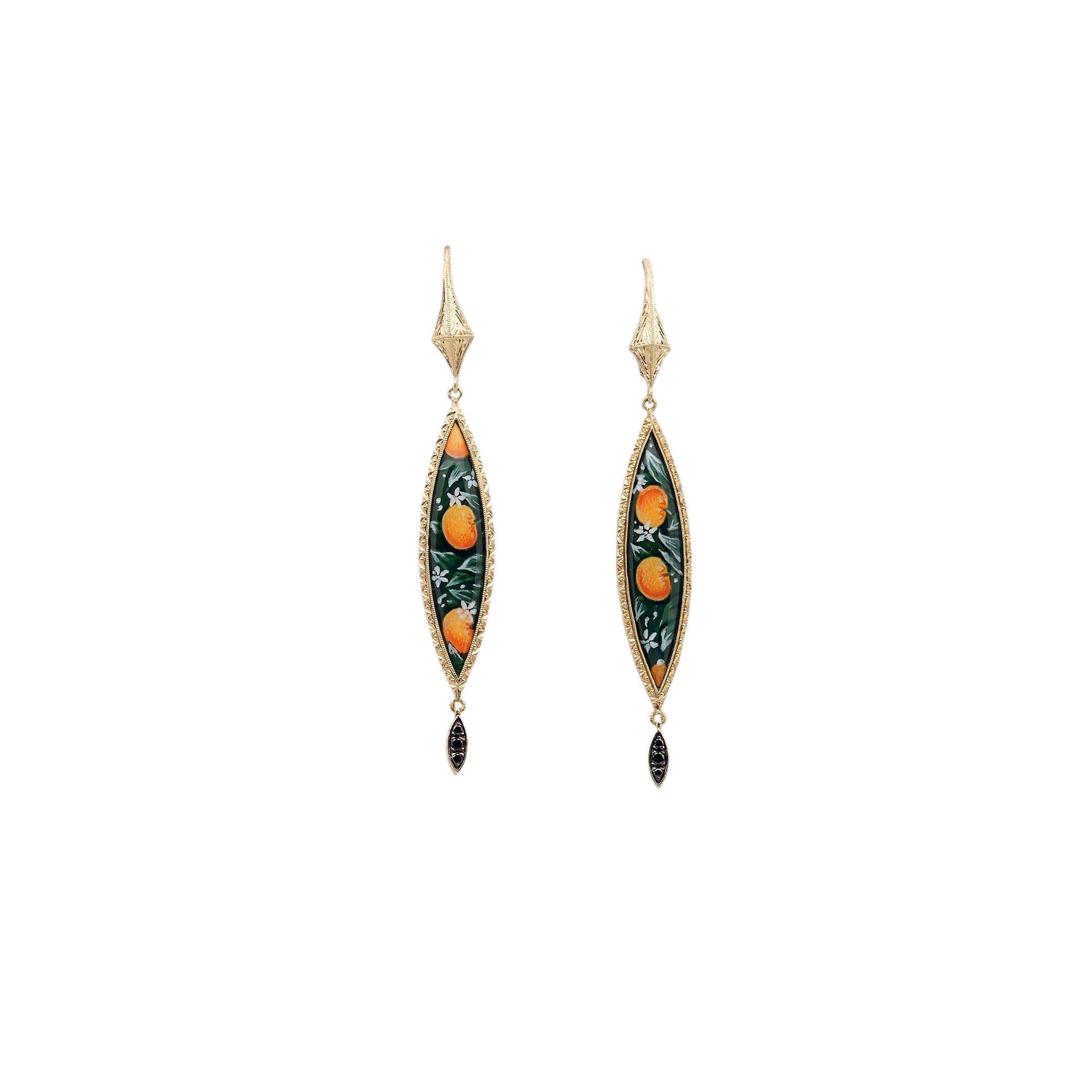18kt gold earrings, Diamonds, engraved painted in miniature & enamelled by hands In New Condition For Sale In Firenze, FI
