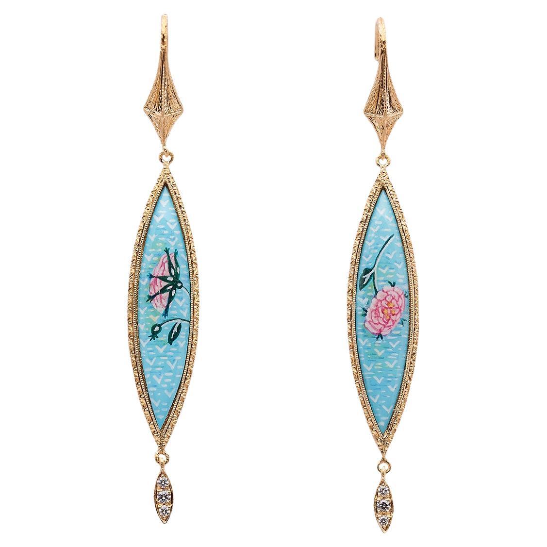 18kt gold earrings, Diamonds, engraved painted in miniature & enamelled by hands For Sale