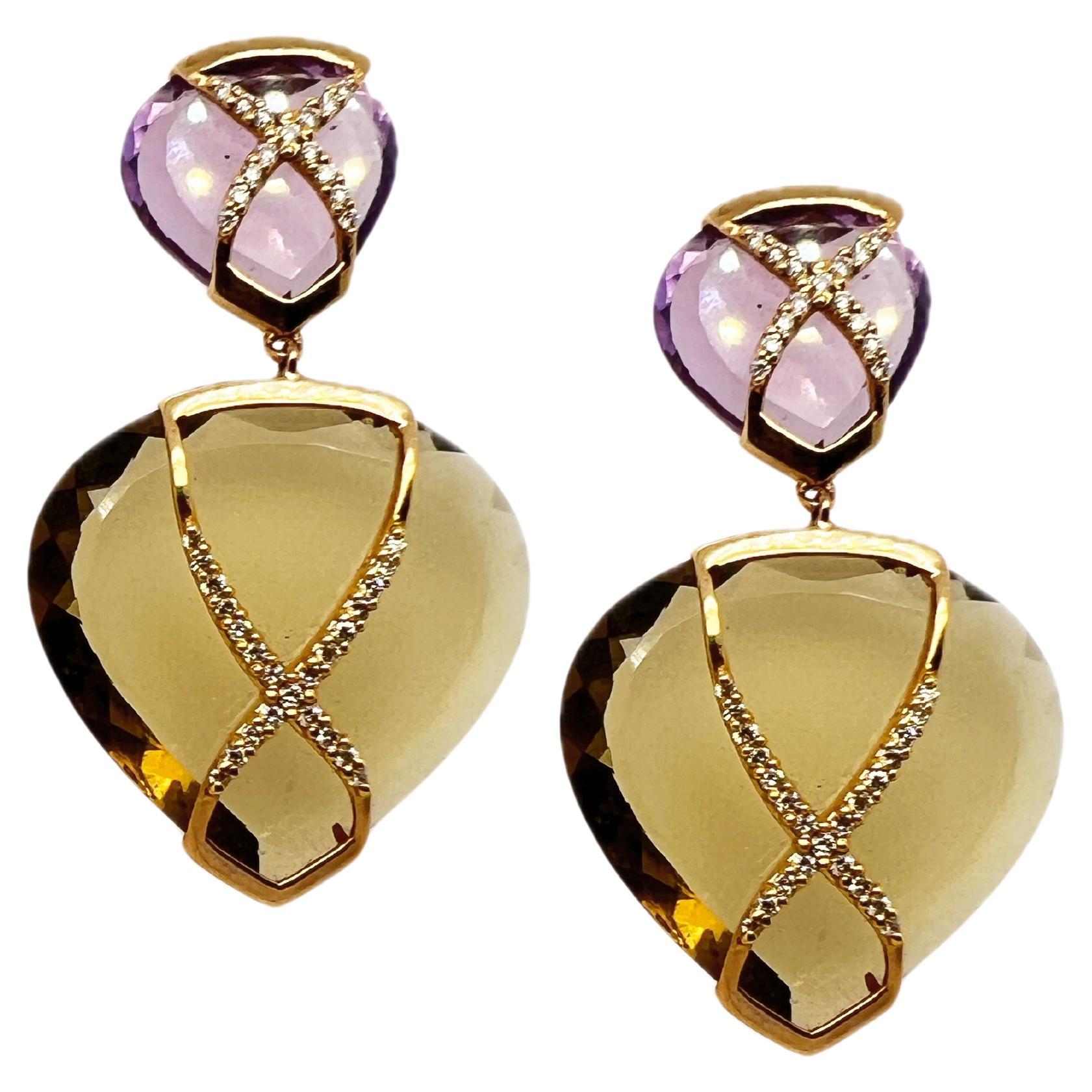 18kt Gold Earrings with amethyst and citrine quartz drops & diamonds For Sale