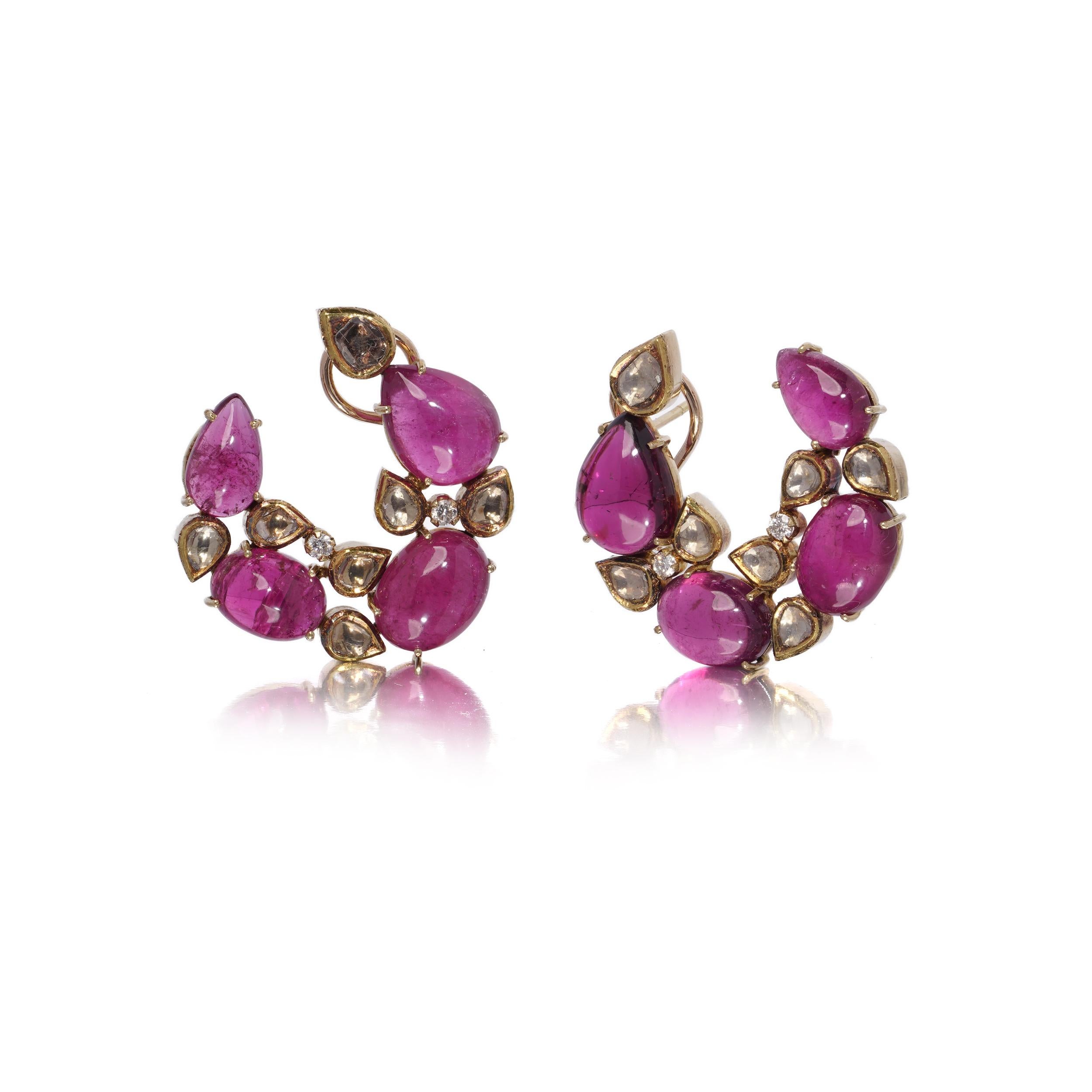 18kt Gold Earrings with pink tourmalines and diamonds Corte oval en venta