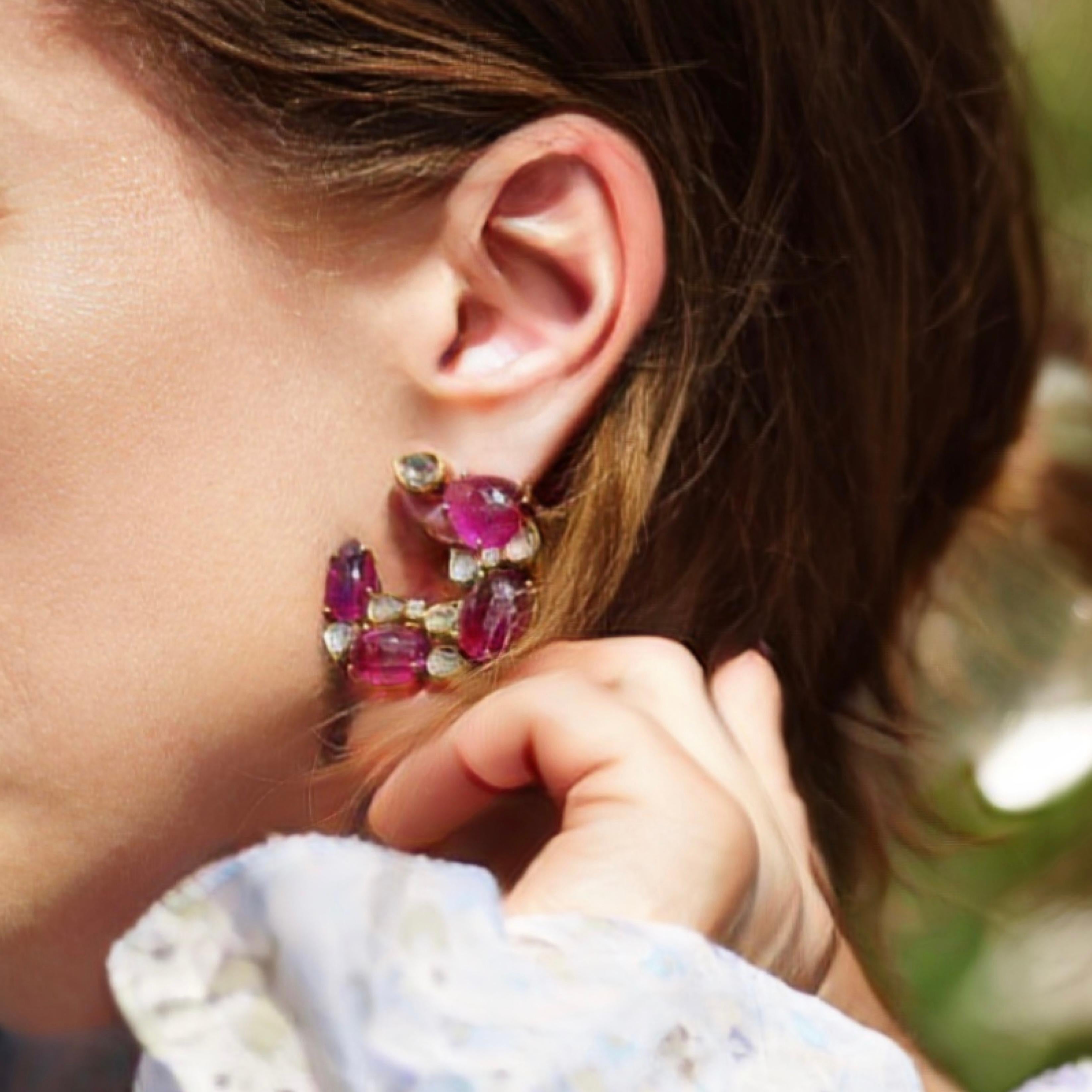 18kt Gold Earrings with pink tourmalines and diamonds en venta 2