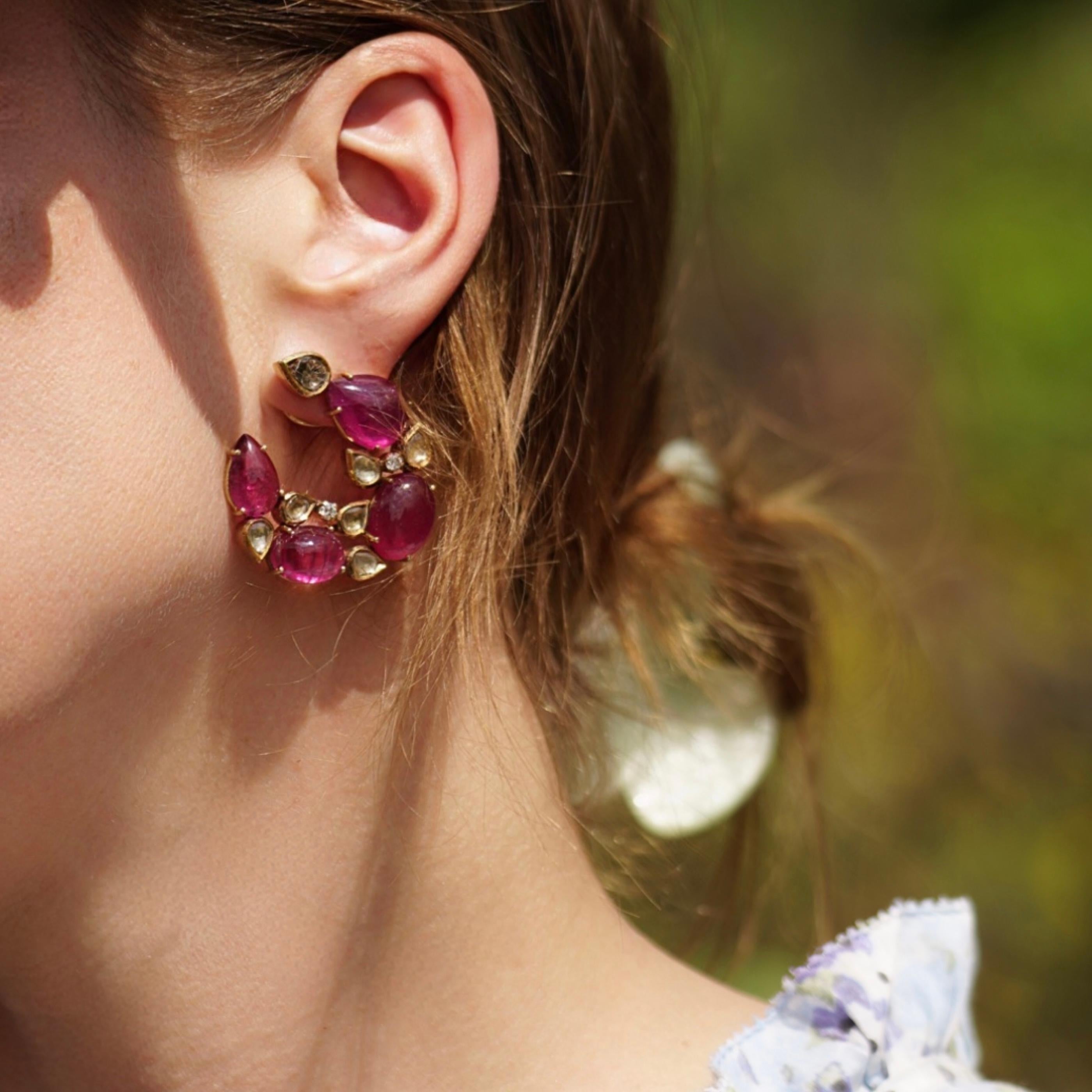 18kt Gold Earrings with pink tourmalines and diamonds en venta 3