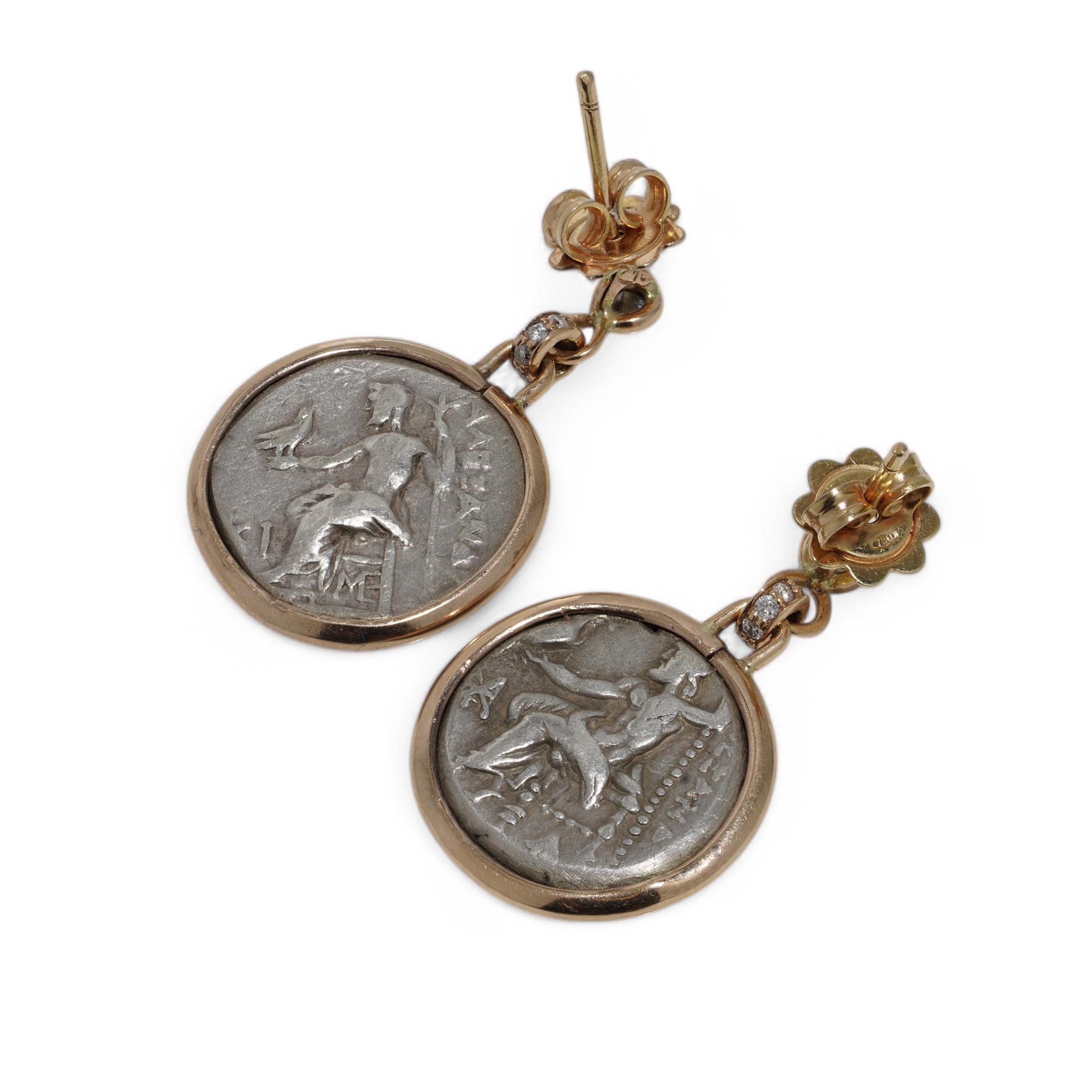 Women's 18kt gold earrings with Roman silver coin featuring Alexander the Great For Sale