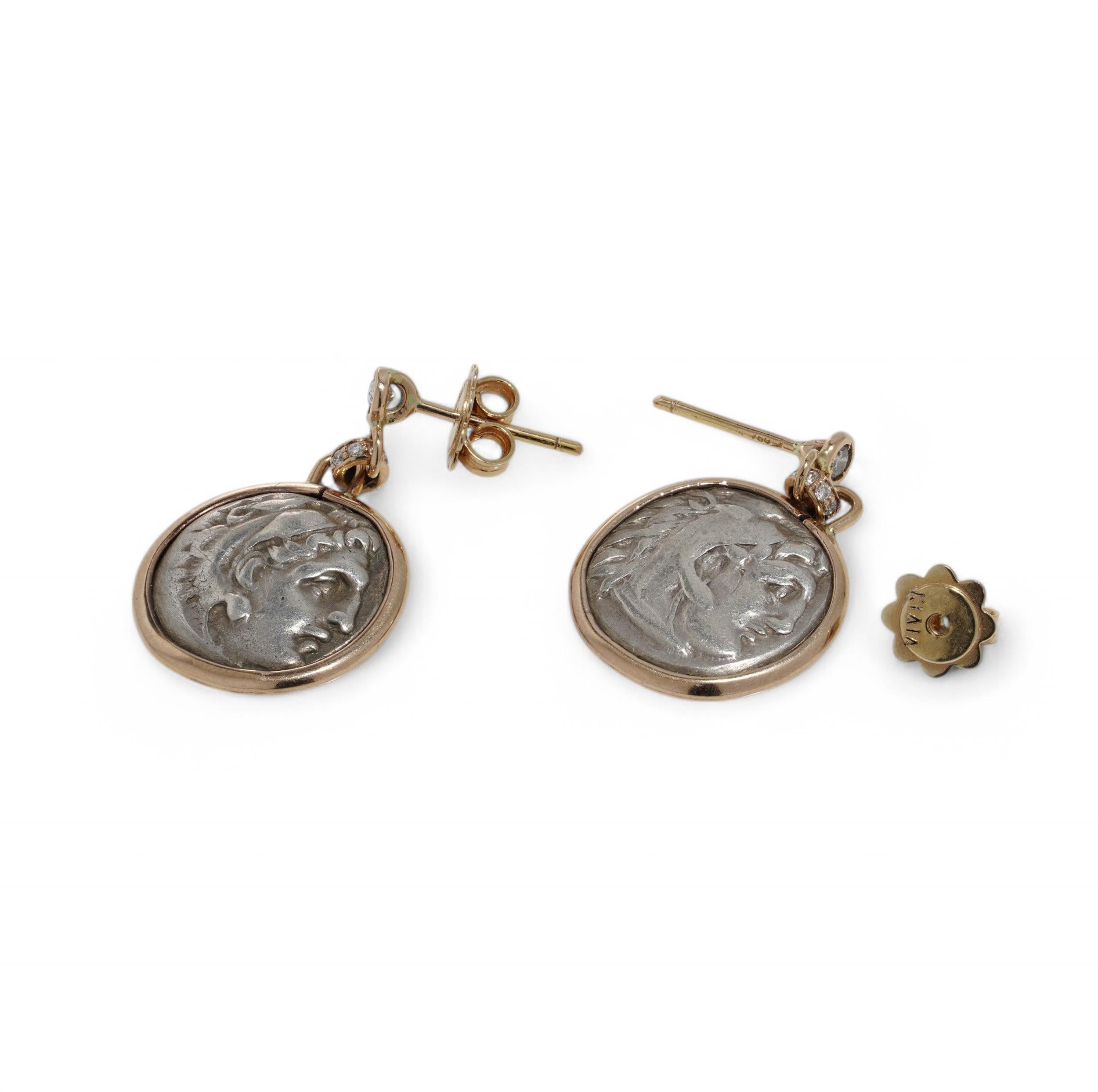 18kt gold earrings with Roman silver coin featuring Alexander the Great For Sale 1