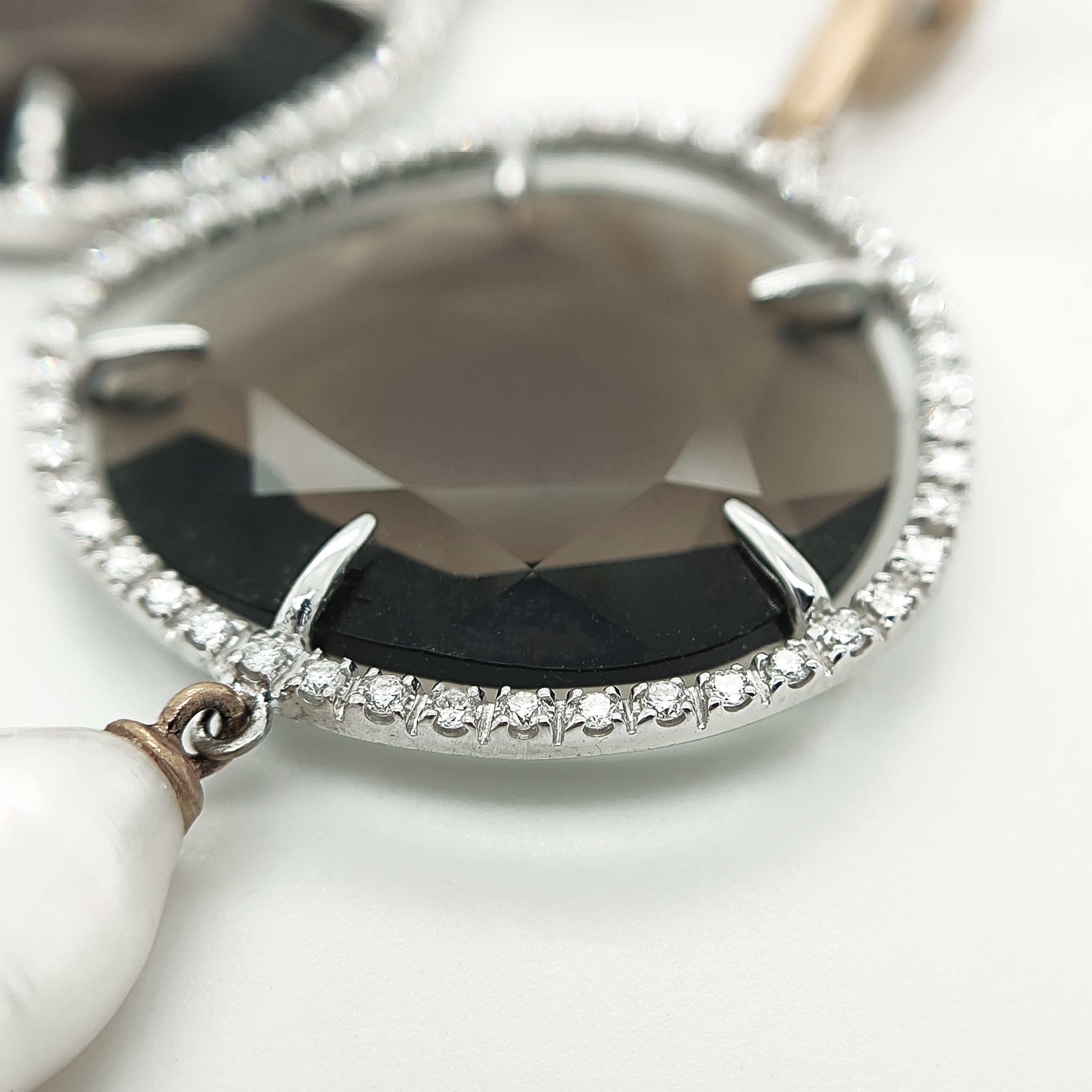 Brilliant Cut 18KT gold earrings with smoky quartz, diamonds and keshi pearls  For Sale