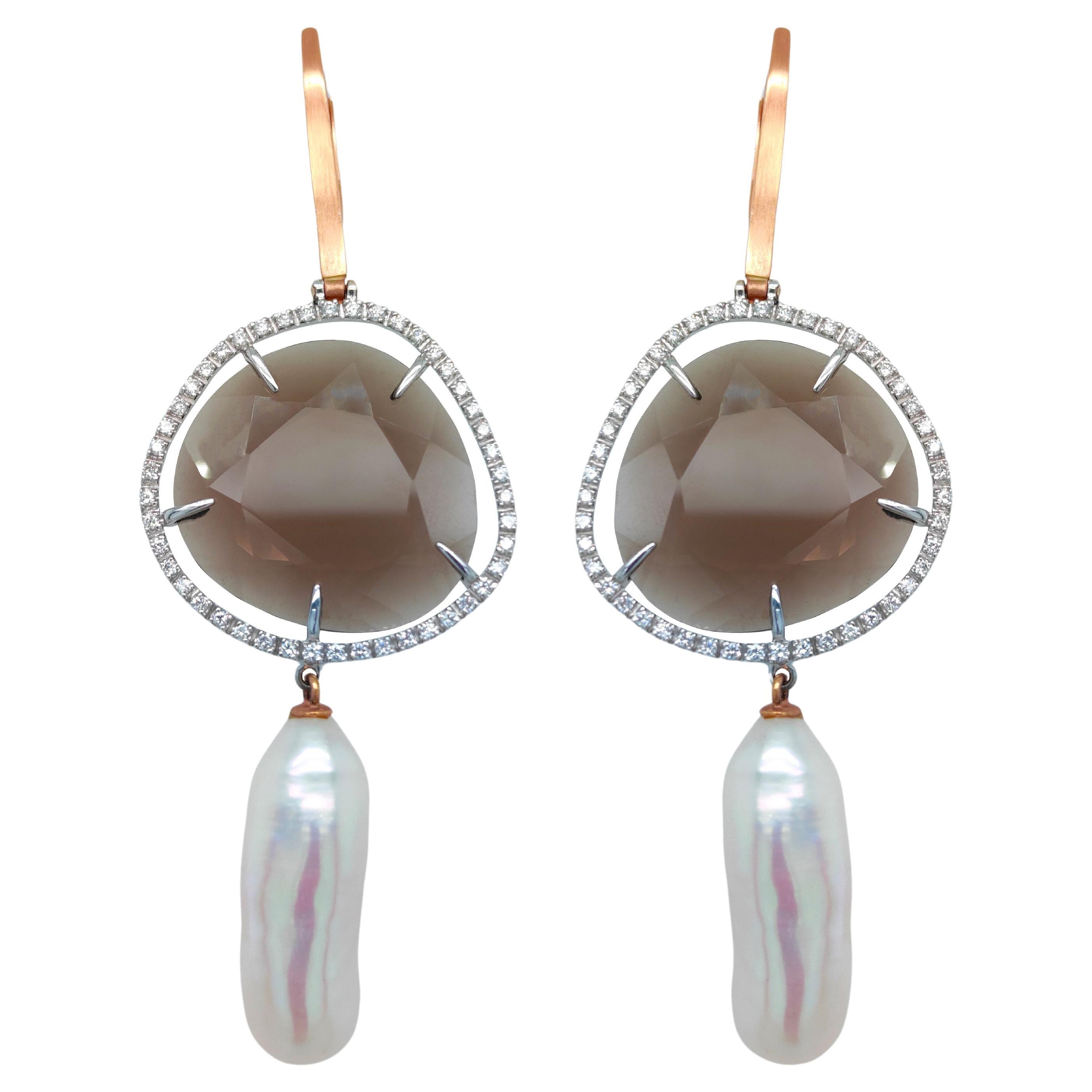 18KT gold earrings with smoky quartz, diamonds and keshi pearls 