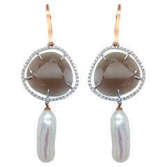 18KT gold earrings with smoky quartz, diamonds and keshi pearls