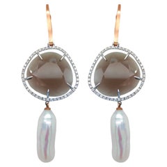 Boucles d'oreilles en or 18 carats, quartz fumé, diamants et perles keshi 