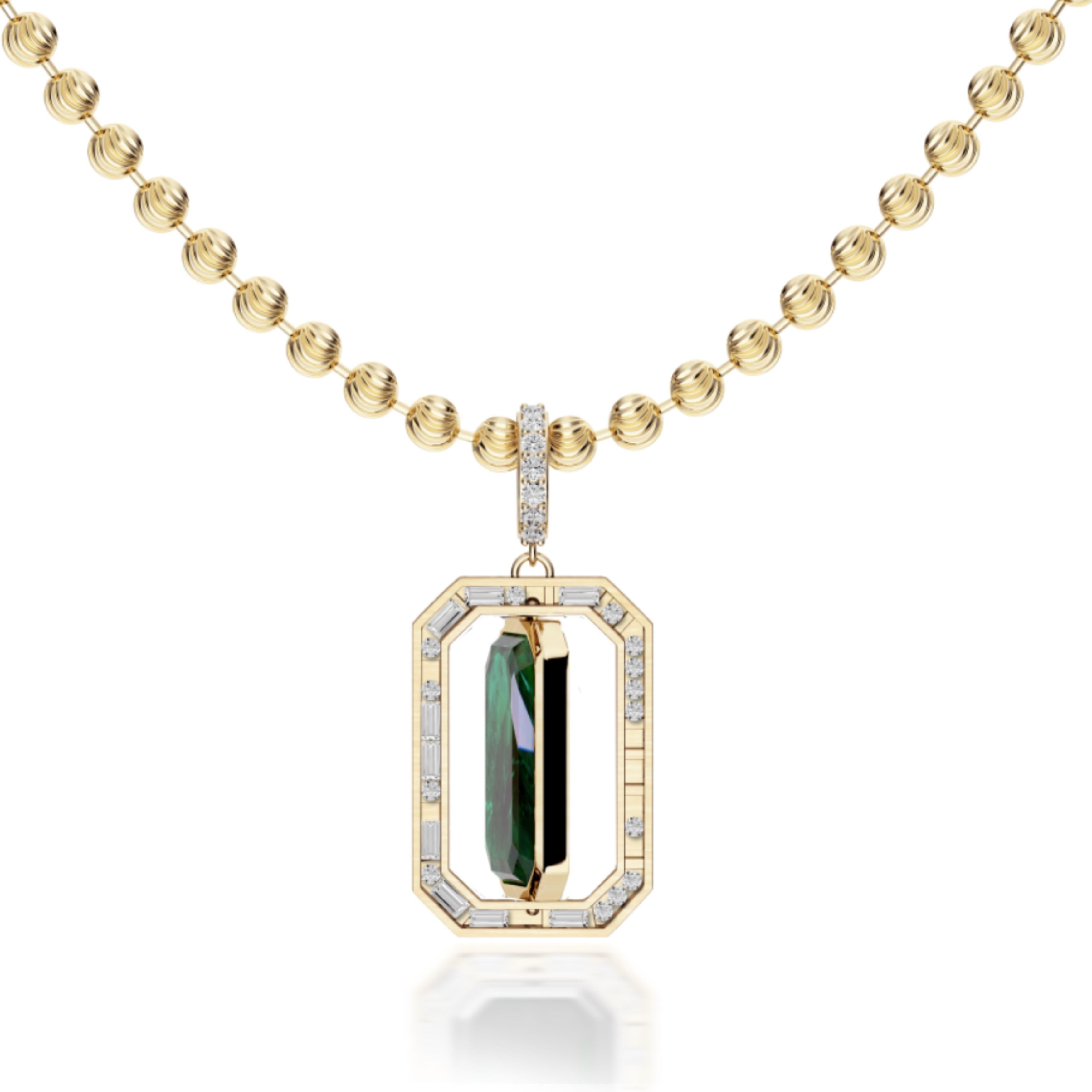 Handcrafted in New York City featuring 1.06ct diamonds and 5.67 cttw Emerald cut Chrome Green Tourmaline center  & the heart felt note of 