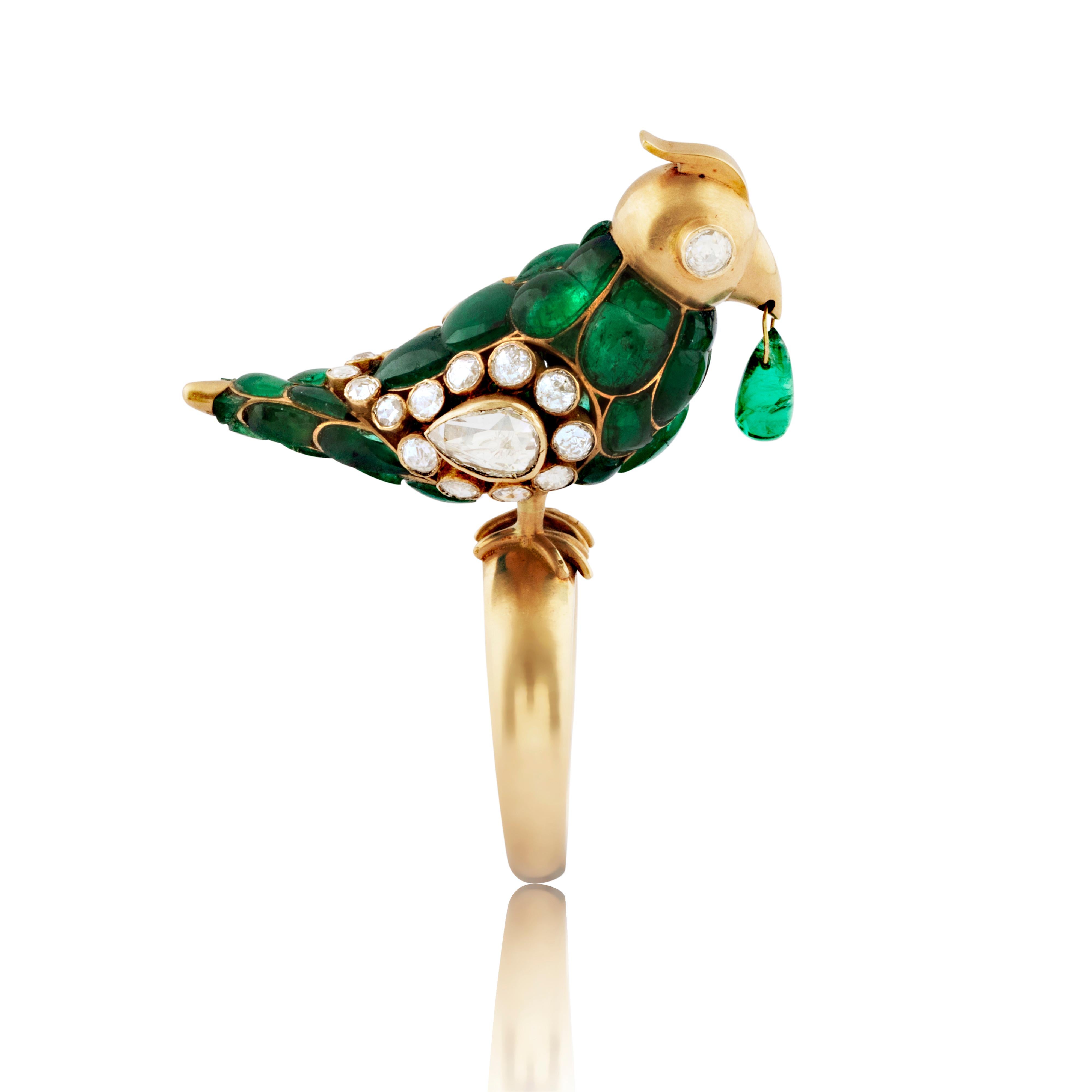 Art Deco 18kt Gold Emerald & Diamond Parrot Bird Ring For Sale