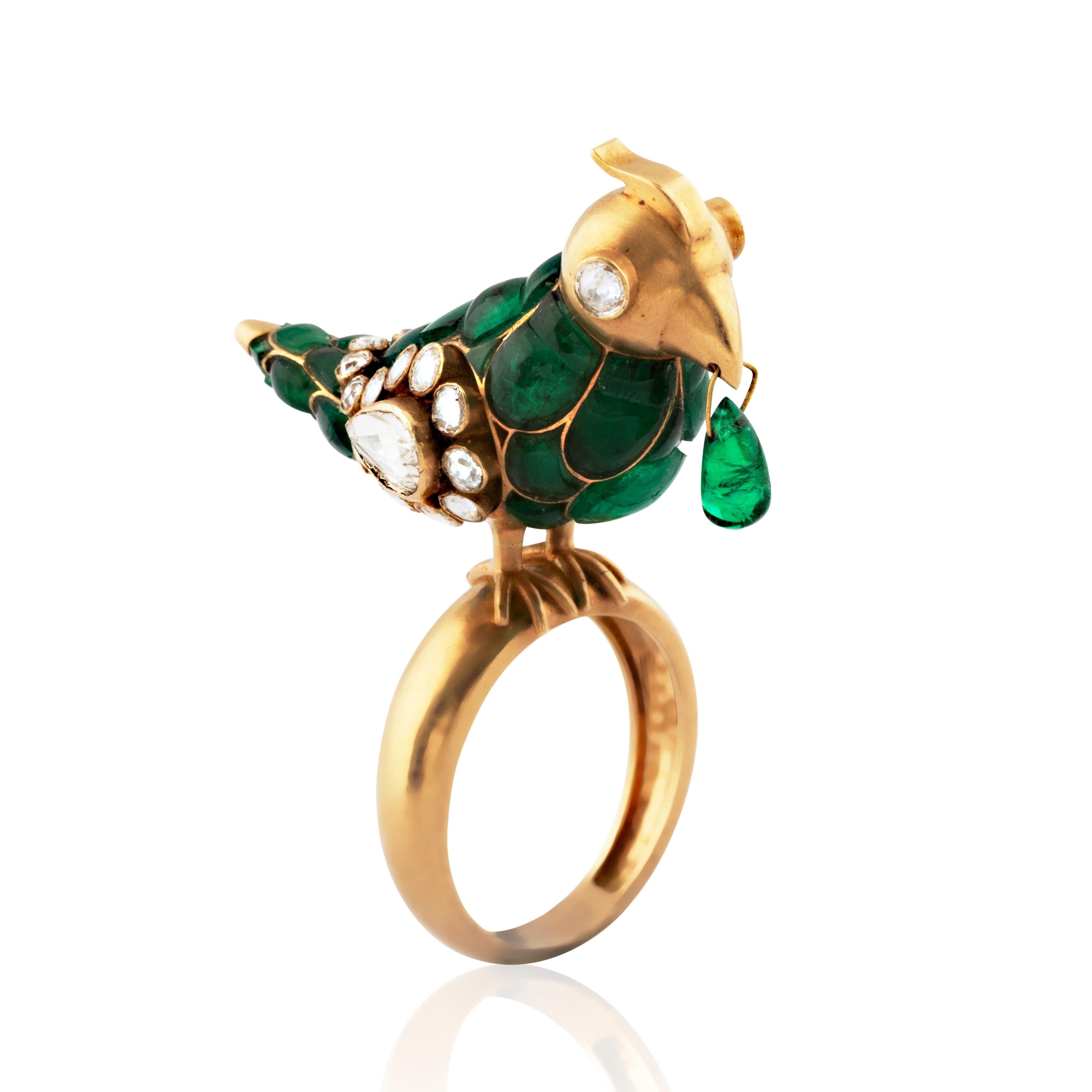 Rose Cut 18kt Gold Emerald & Diamond Parrot Bird Ring For Sale
