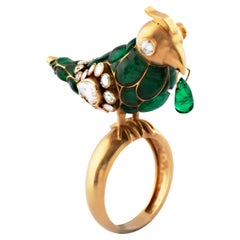18kt Gold Emerald & Diamond Parrot Bird Ring