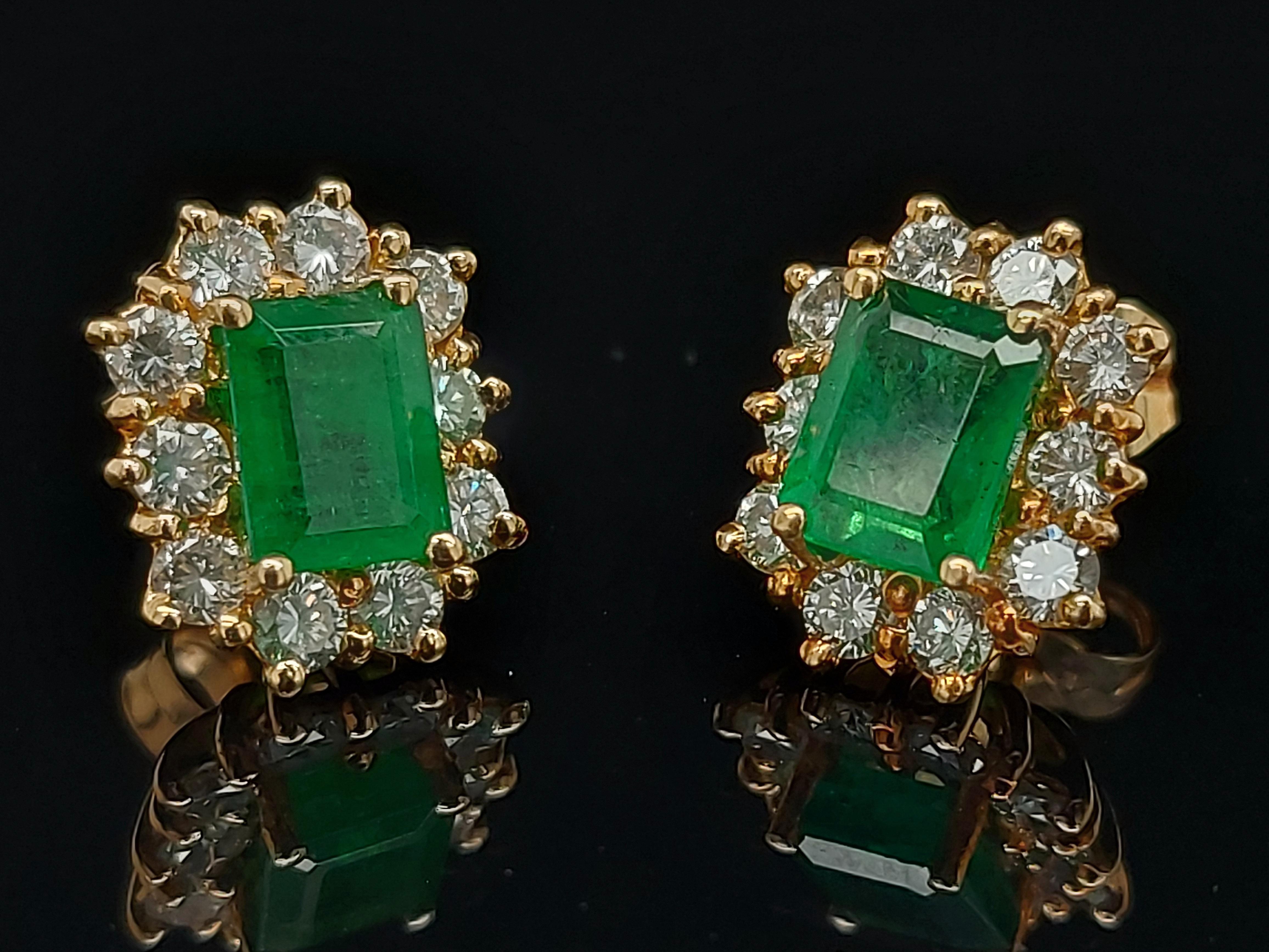 Emerald Cut 18kt Gold Emerald Earrings with Diamonds For Sale