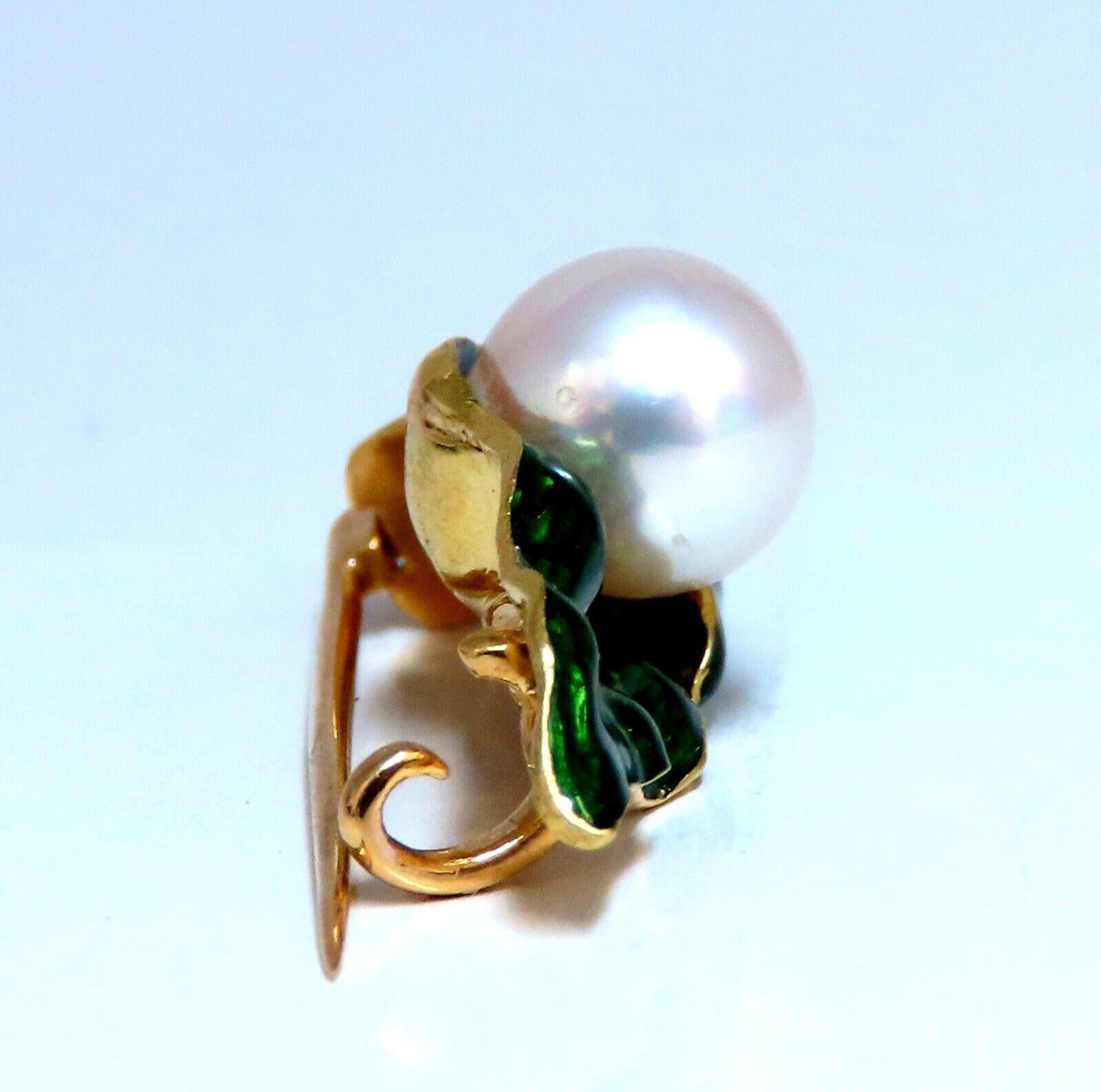 Uncut 18kt Gold Enamel Leaf Pearl Pin For Sale