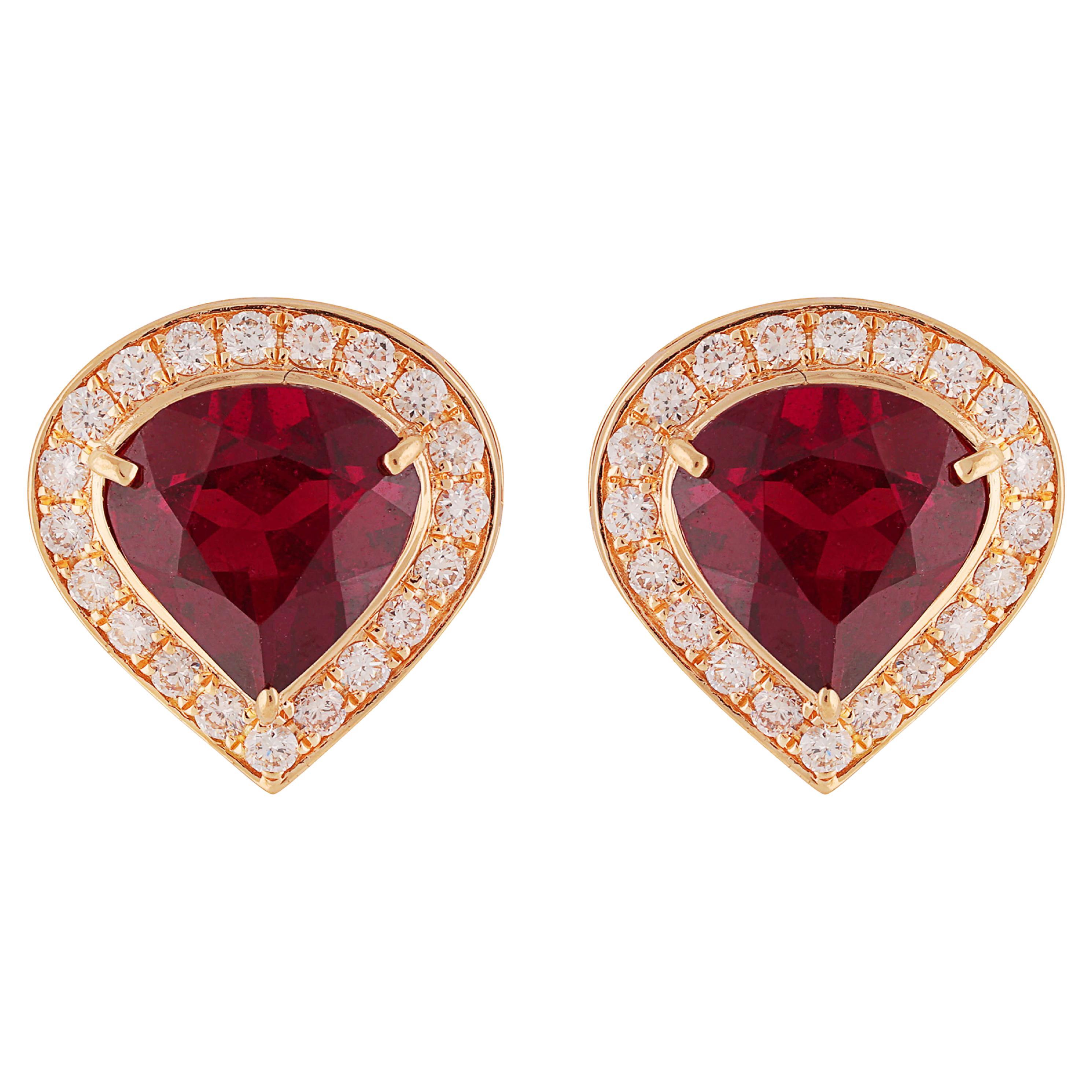18kt Gold Garnet & Diamond Stud Earrings For Sale