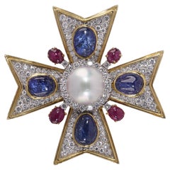 18kt Gold Gem-Set Maltese Cross Brooch