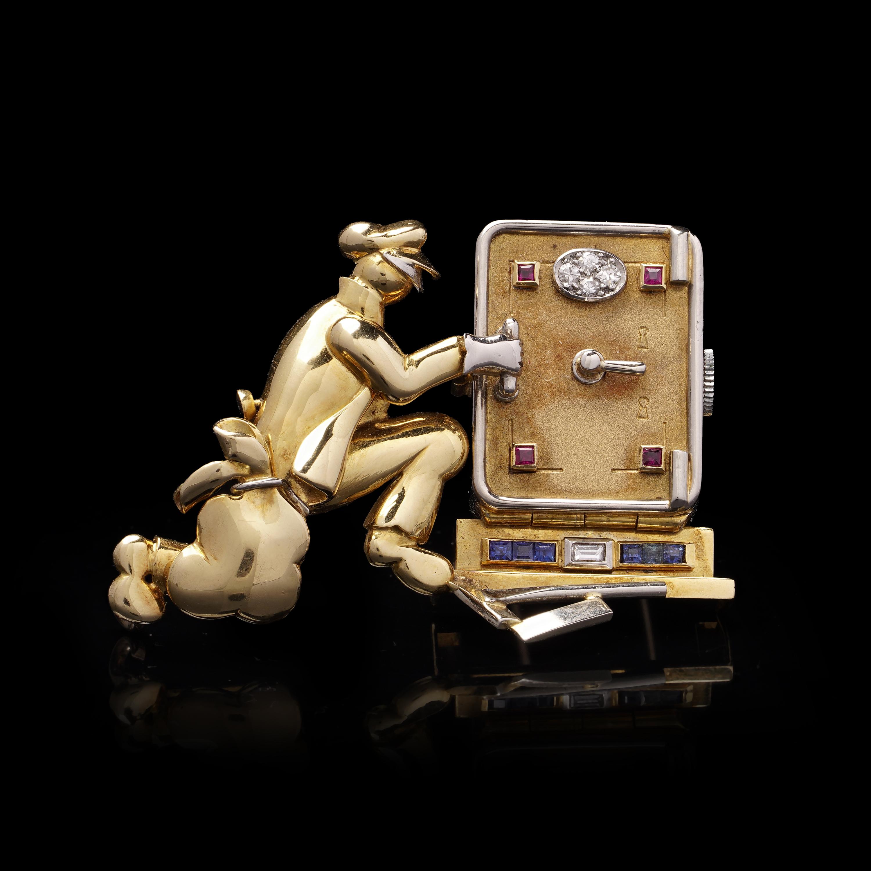 A.I C. C.C. Montre-broche en or 18kt et serti de pierres précieuses, mécanique, Stealing Time, C.1960s Bon état - En vente à Braintree, GB