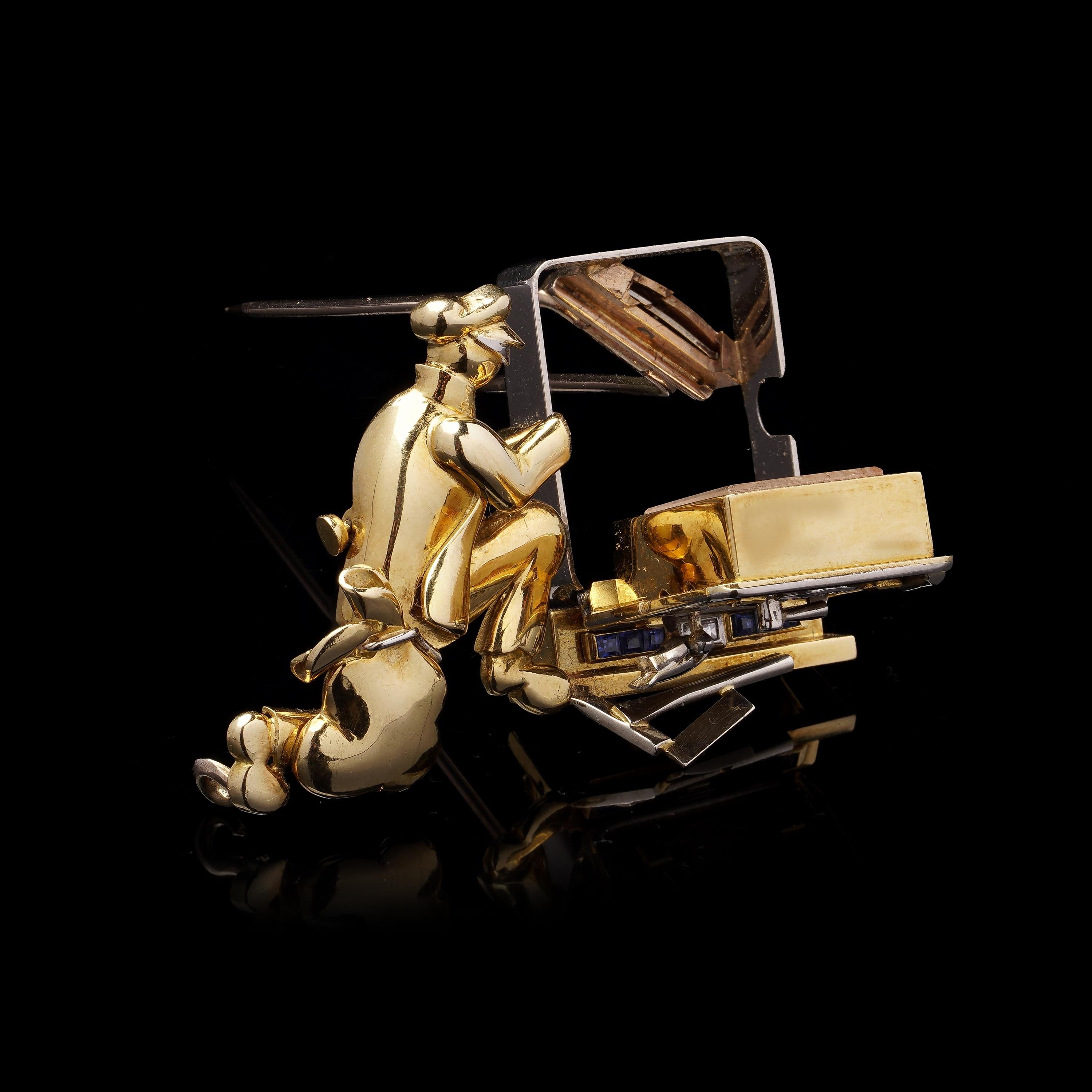 A.I C. C.C. Montre-broche en or 18kt et serti de pierres précieuses, mécanique, Stealing Time, C.1960s Unisexe en vente