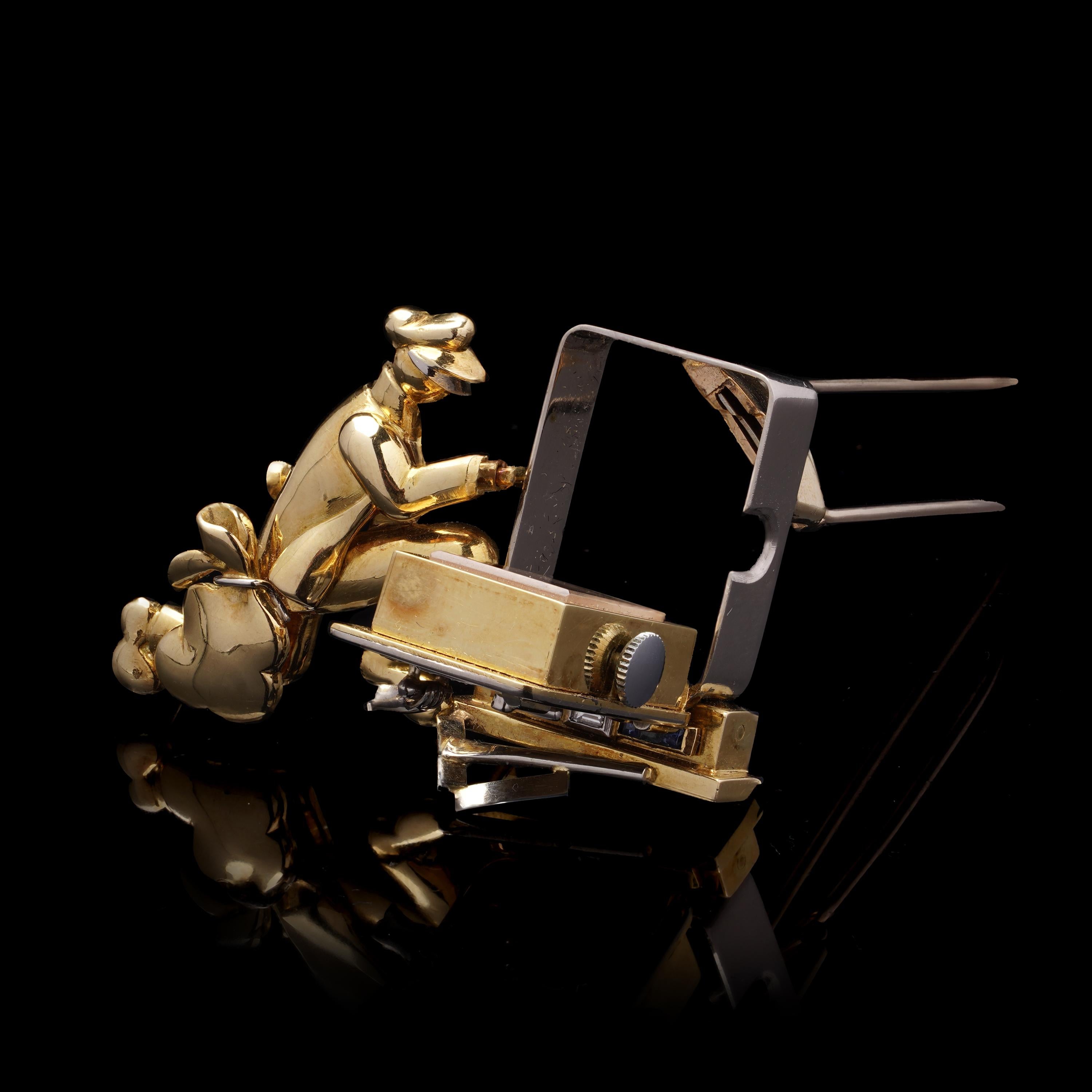 A.I C. C.C. Montre-broche en or 18kt et serti de pierres précieuses, mécanique, Stealing Time, C.1960s en vente 1