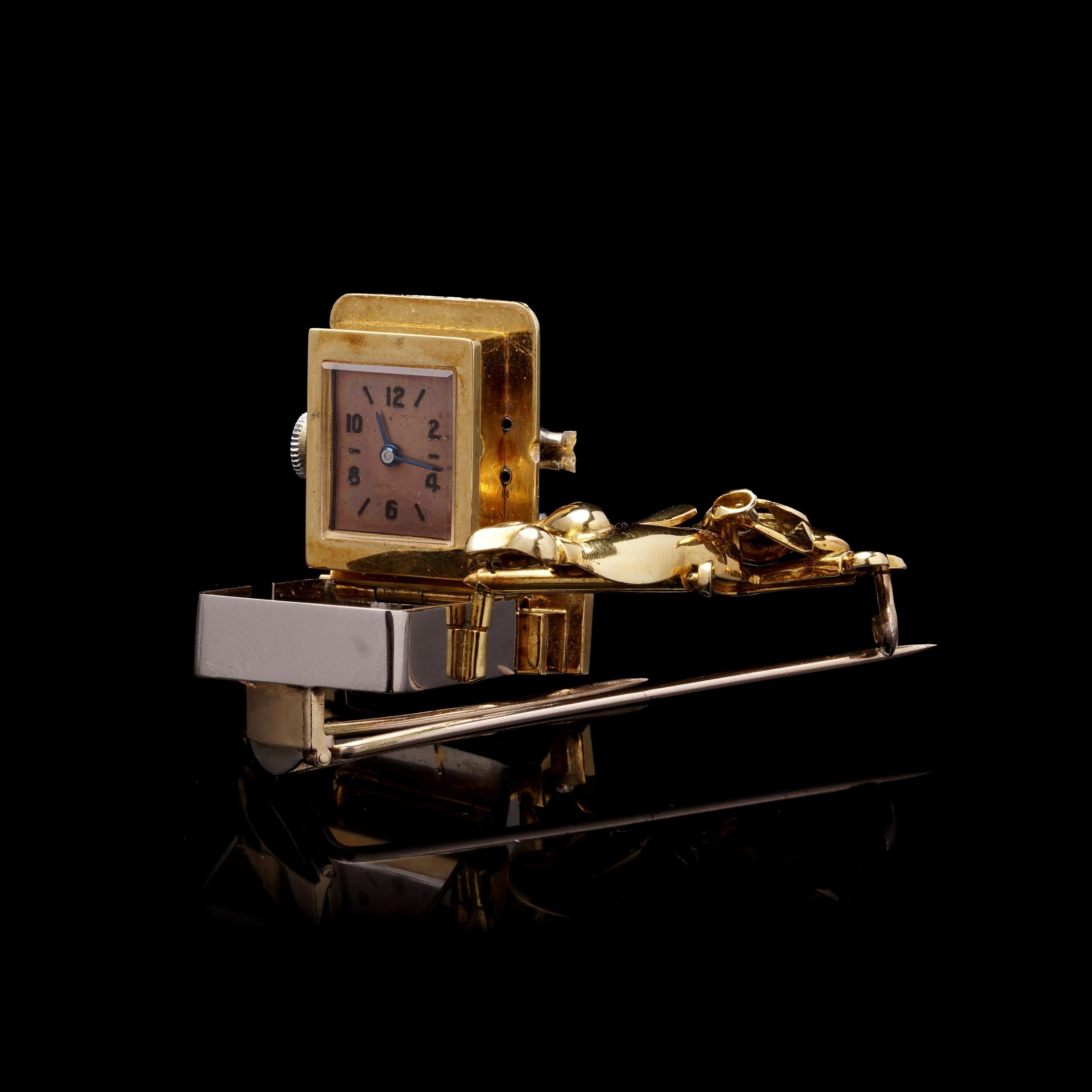 A.I C. C.C. Montre-broche en or 18kt et serti de pierres précieuses, mécanique, Stealing Time, C.1960s en vente 2
