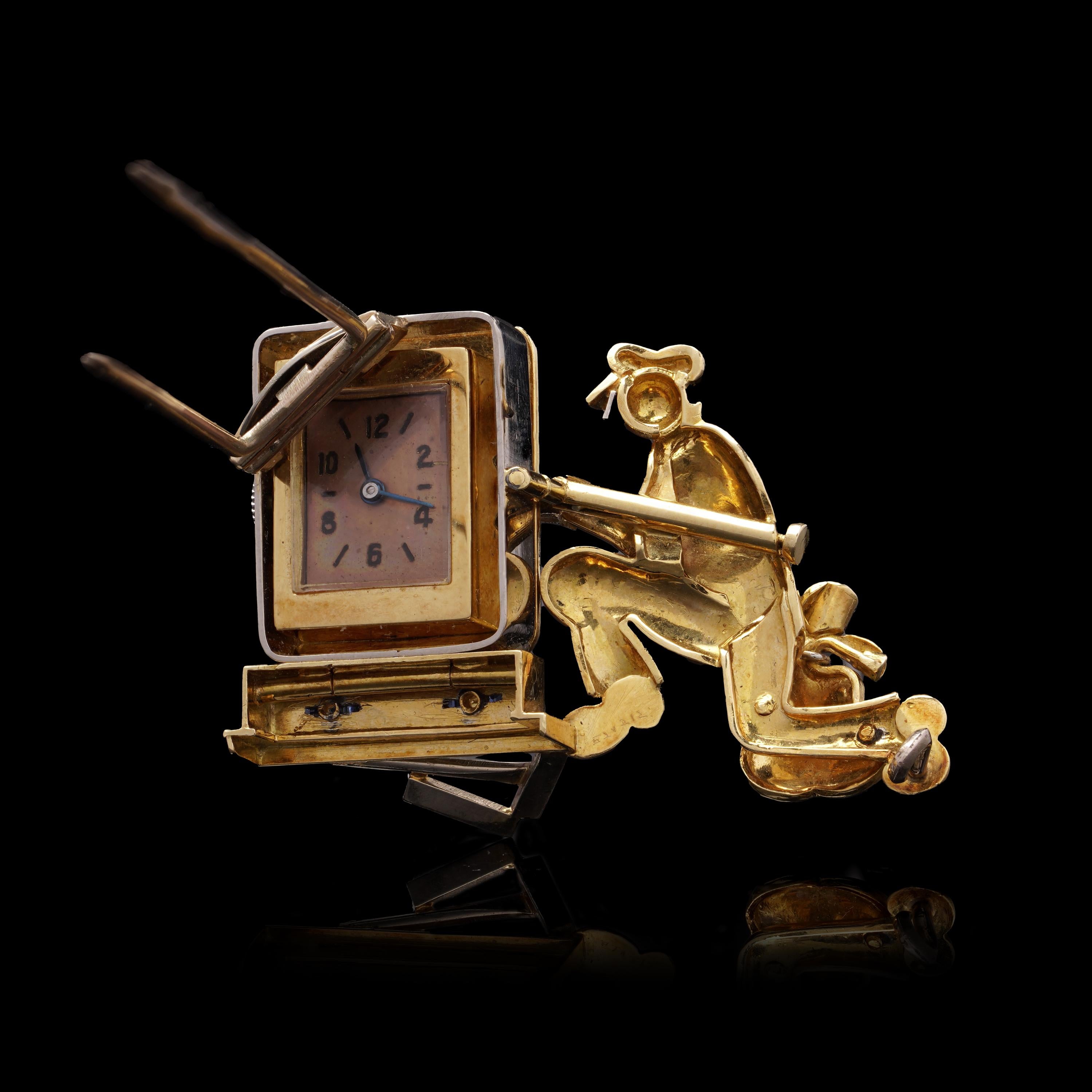 A.I C. C.C. Montre-broche en or 18kt et serti de pierres précieuses, mécanique, Stealing Time, C.1960s en vente 4
